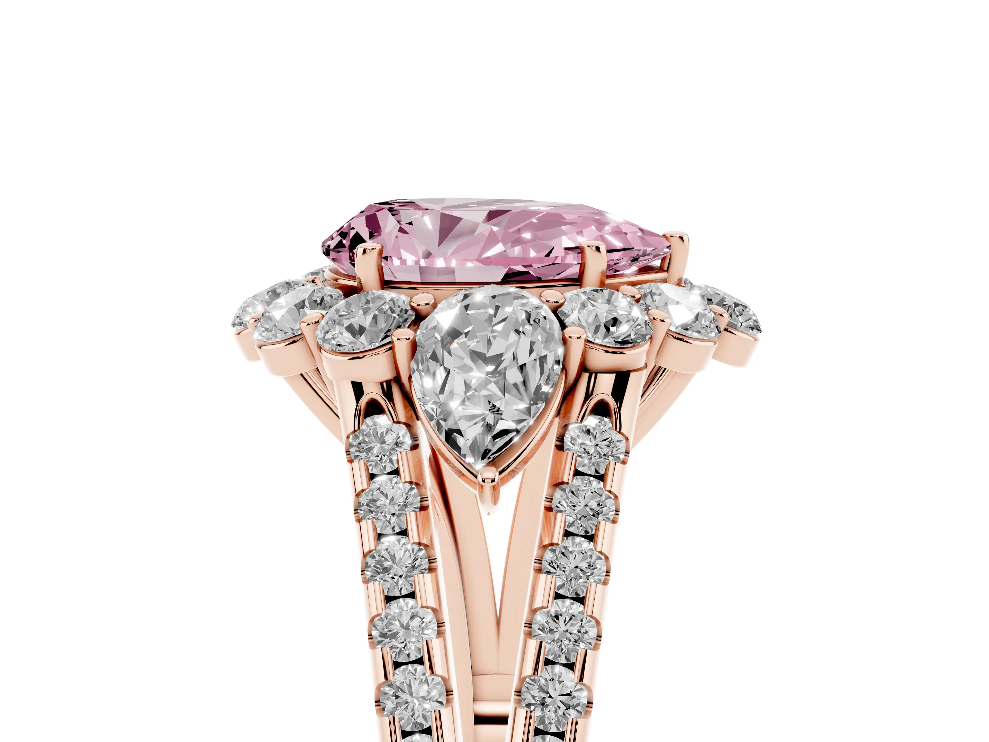 Fancy Pink Pear Cut Diamond Halo Split Shank Engagement Ring Set in Rose gold with Prong-Held Center Stone