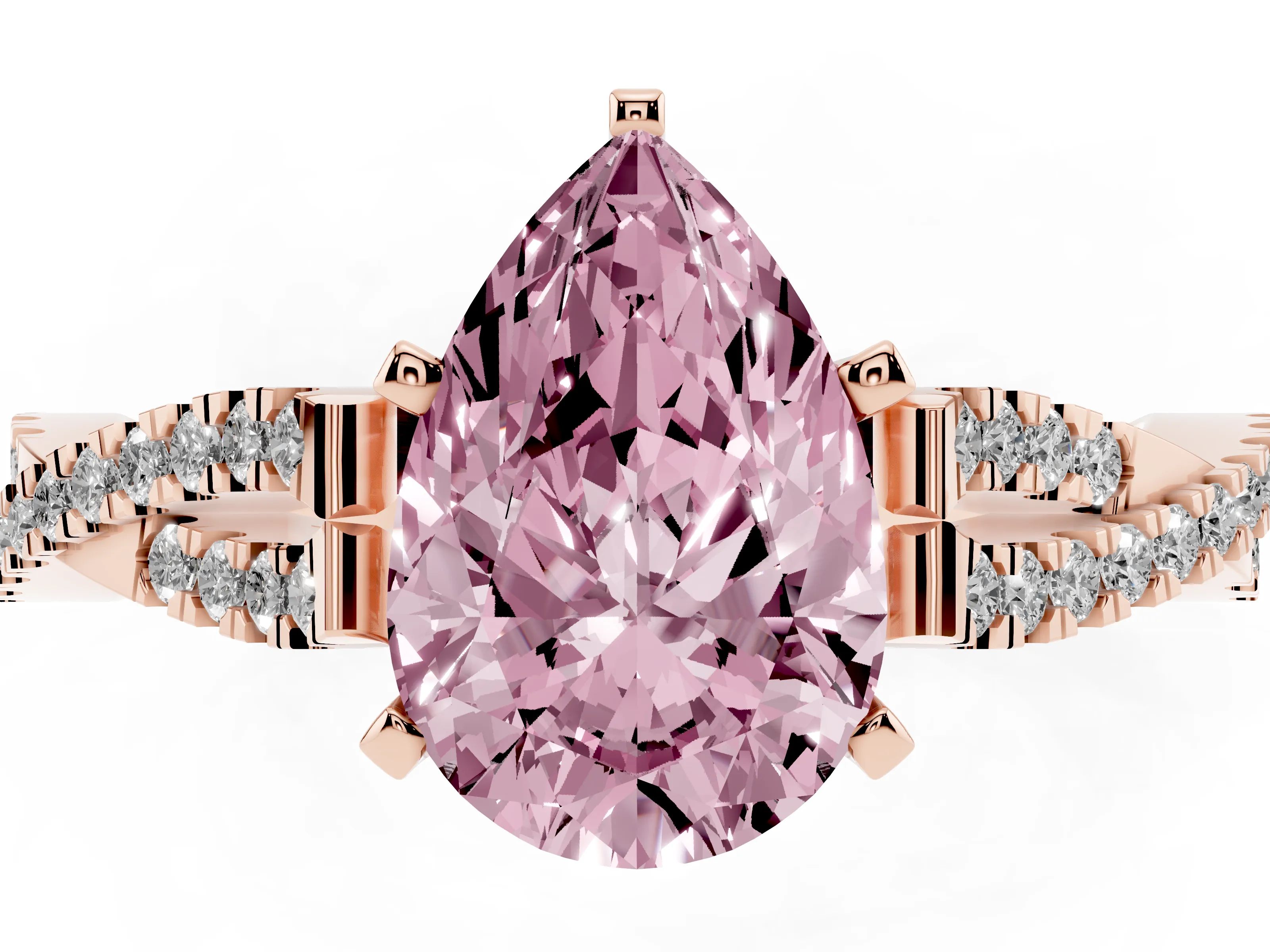 Fancy Pink Pear Cut Diamond Solitaire Engagement Ring Set in Rose gold with Twisted Pavé Band and Prong Setting