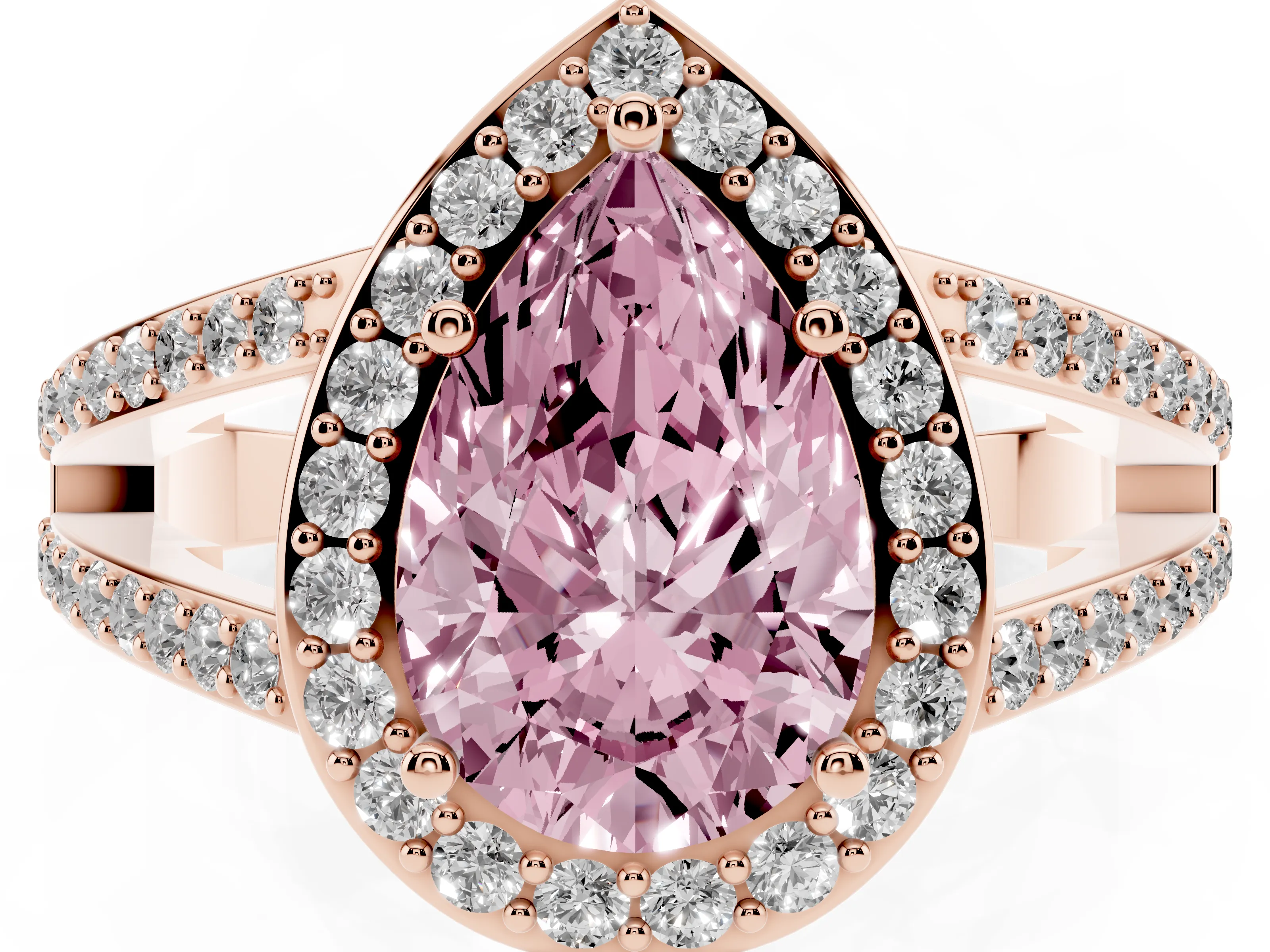 Fancy Pink Pear Cut Diamond Halo Ring Set in Rose gold with U-Prong Split Shank and Prong Setting