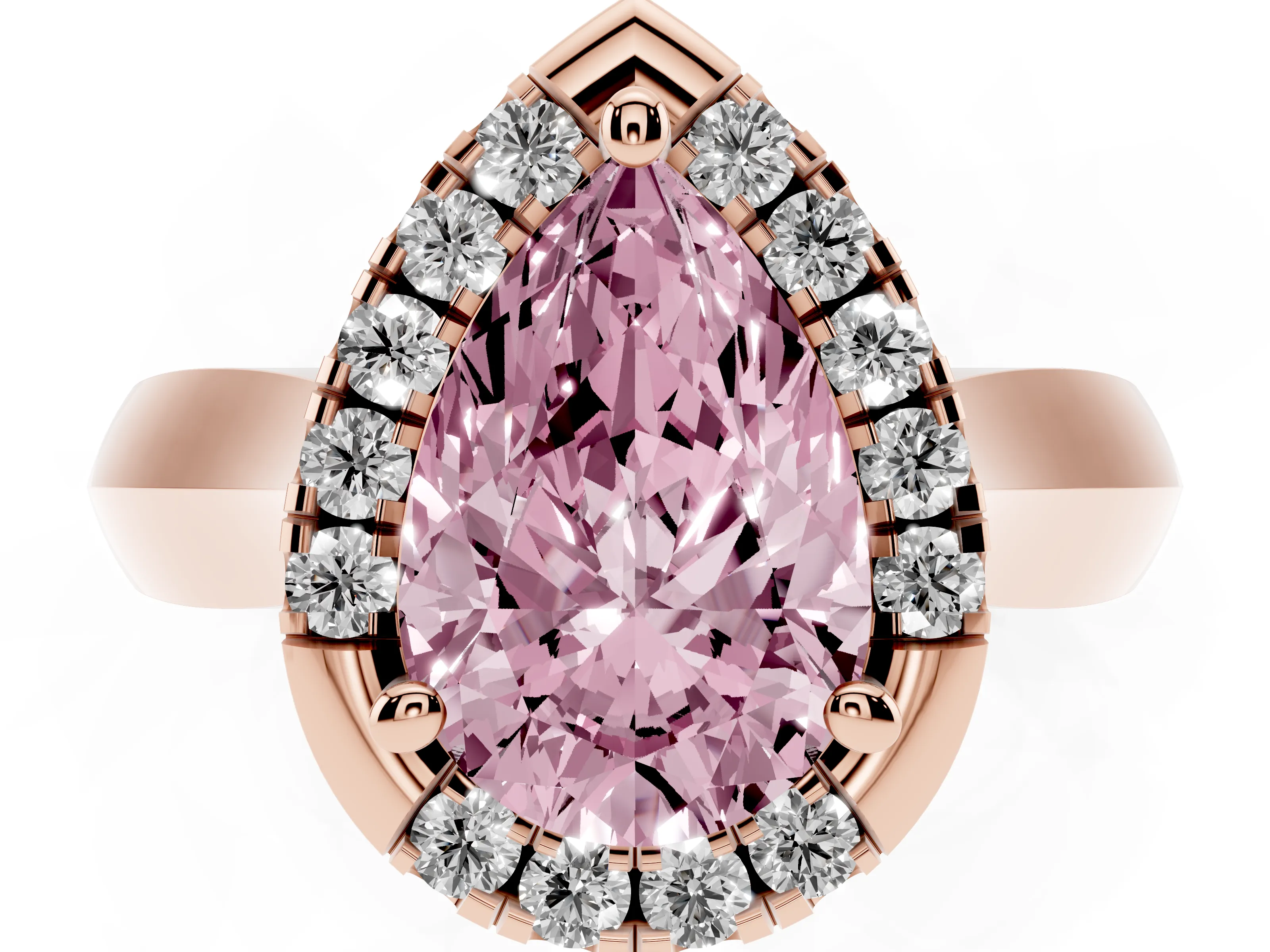 Fancy Pink Pear Cut Diamond Halo Solitaire Engagement Ring Set in Rose gold with Square Band and Prong Setting