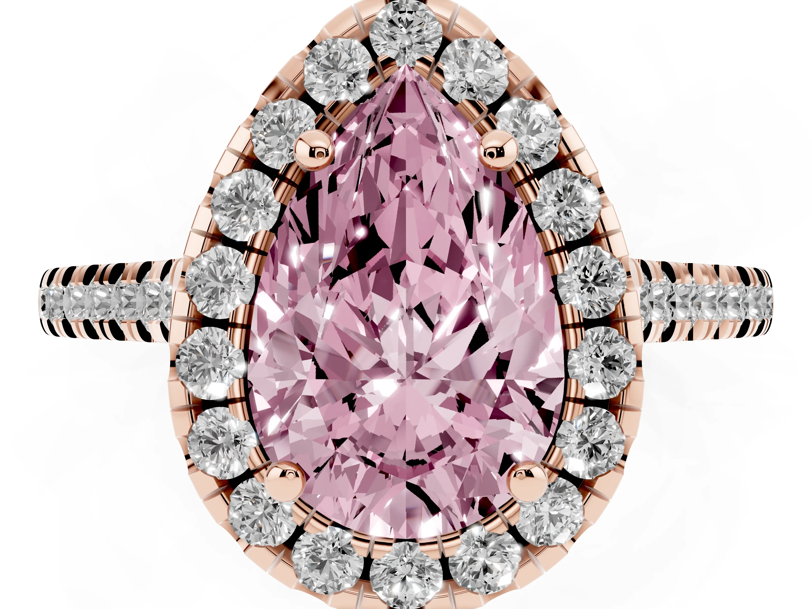 Fancy Pink Pear Cut Diamond Cushion Halo Ring Set in Rose gold with Pavé Band