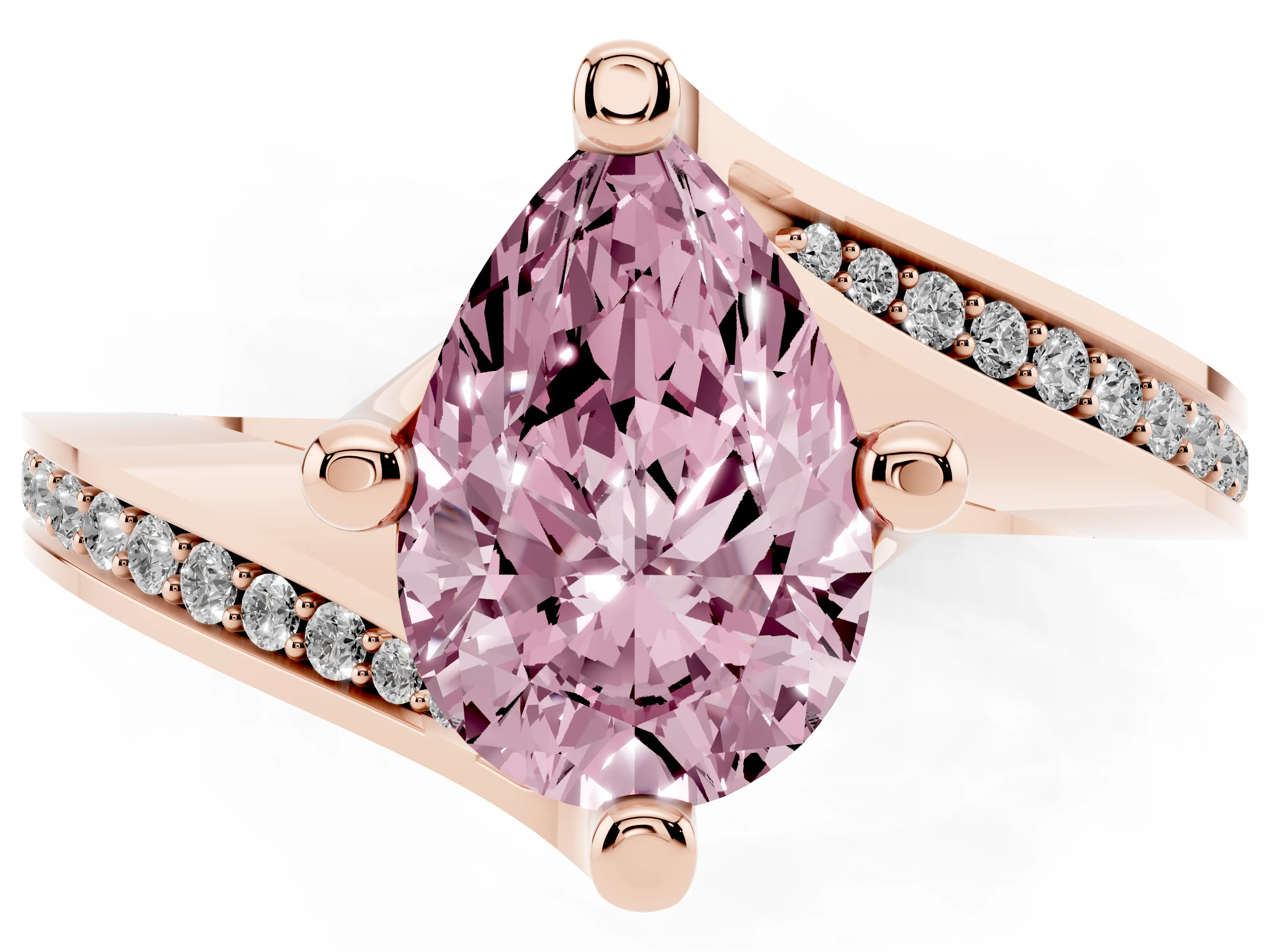 Fancy Pink Pear Cut Diamond Solitaire Ring Set in Rose gold with Intertwined Pavé Twist Band