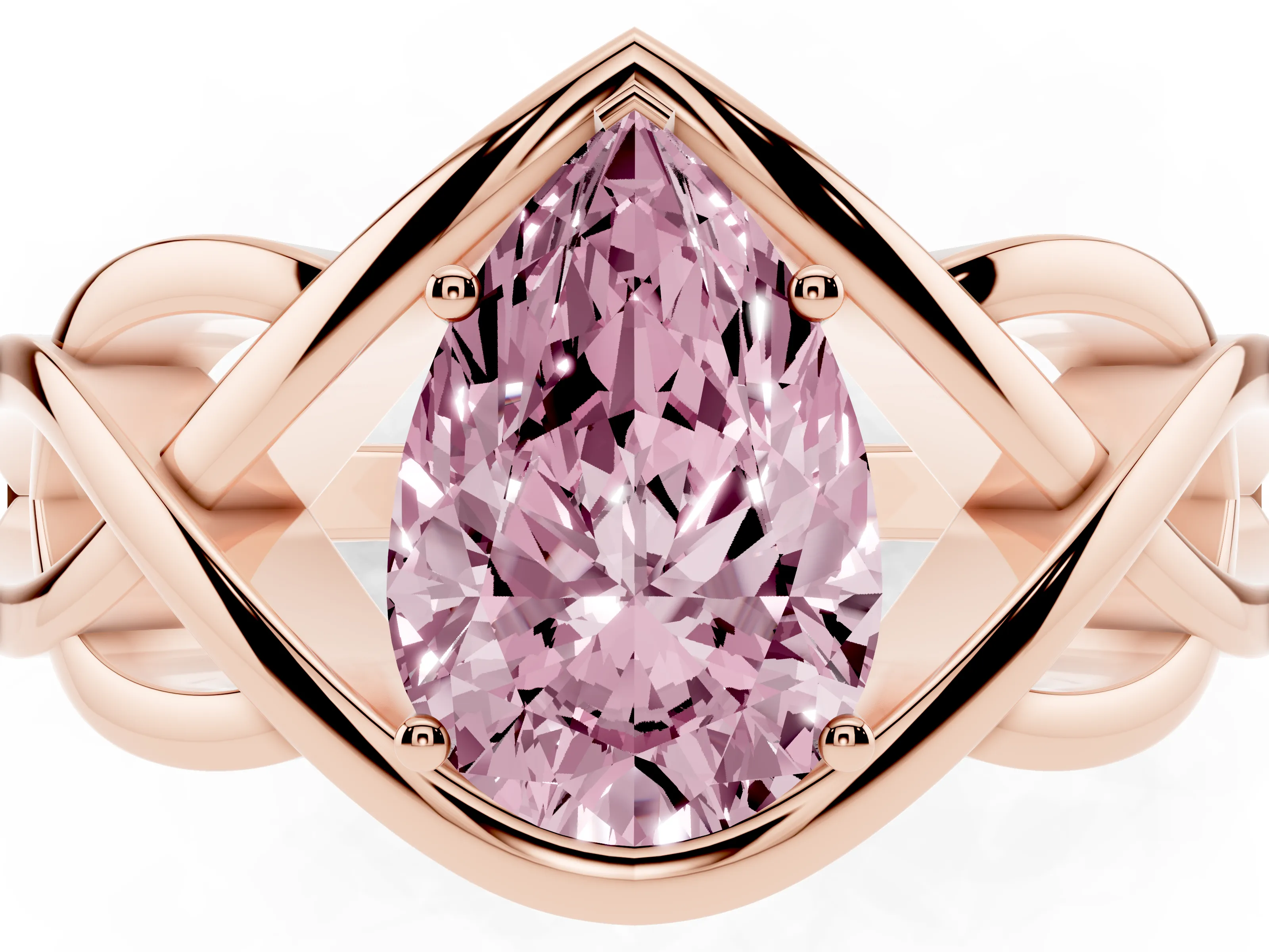 Fancy Pink Pear Cut Diamond Solitaire Ring Set in Rose gold with Intertwined Band