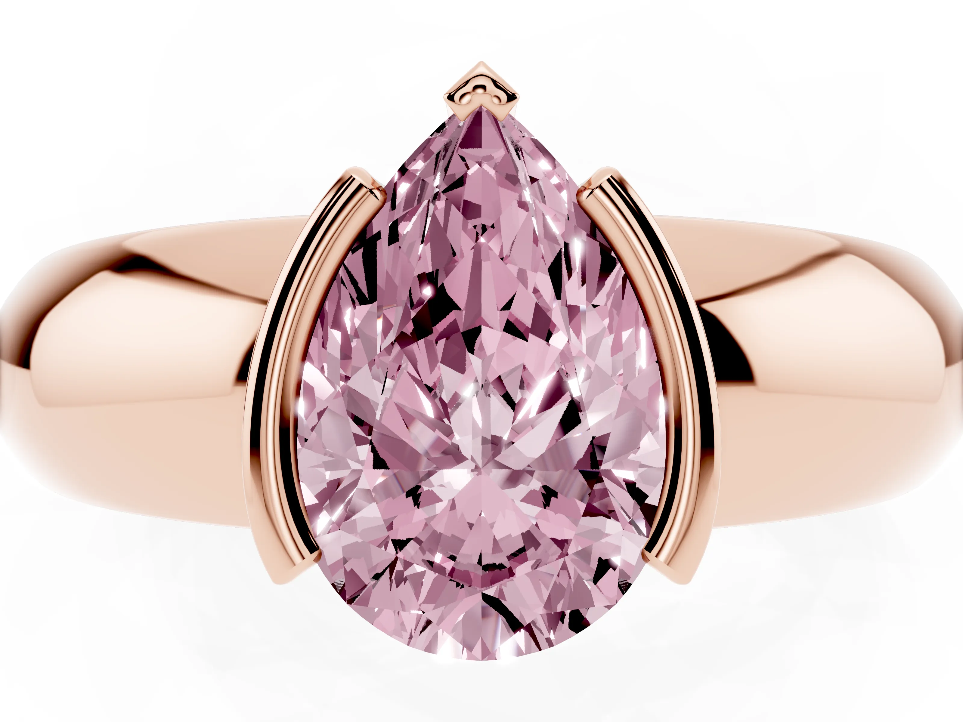 Fancy Pink Pear Cut Diamond Solitaire Tension Set Ring Set in Rose gold with Wide Band