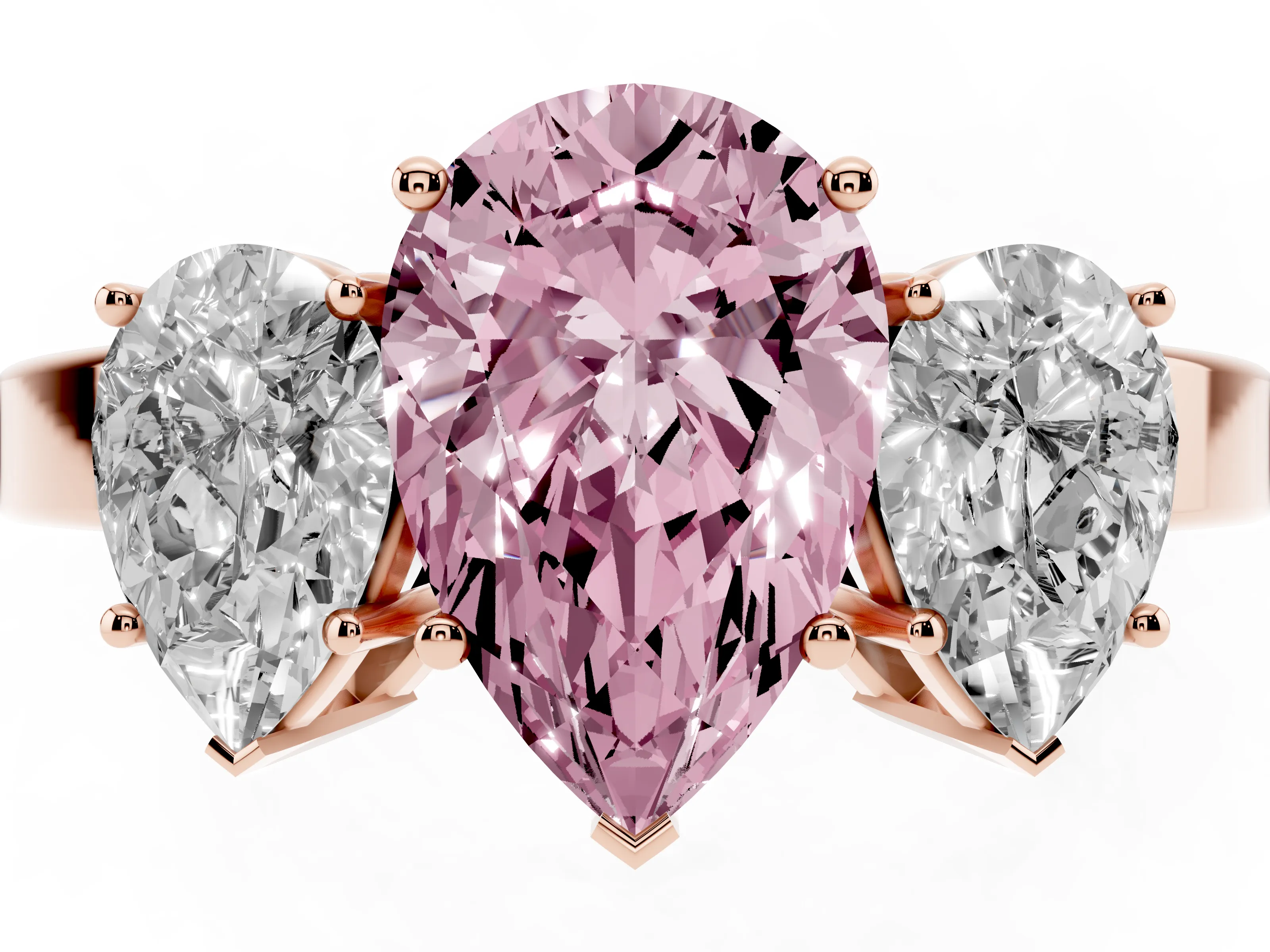 Fancy Pink Pear Cut Diamond Three-Stone Engagement Ring Set in Rose gold with Flat Band