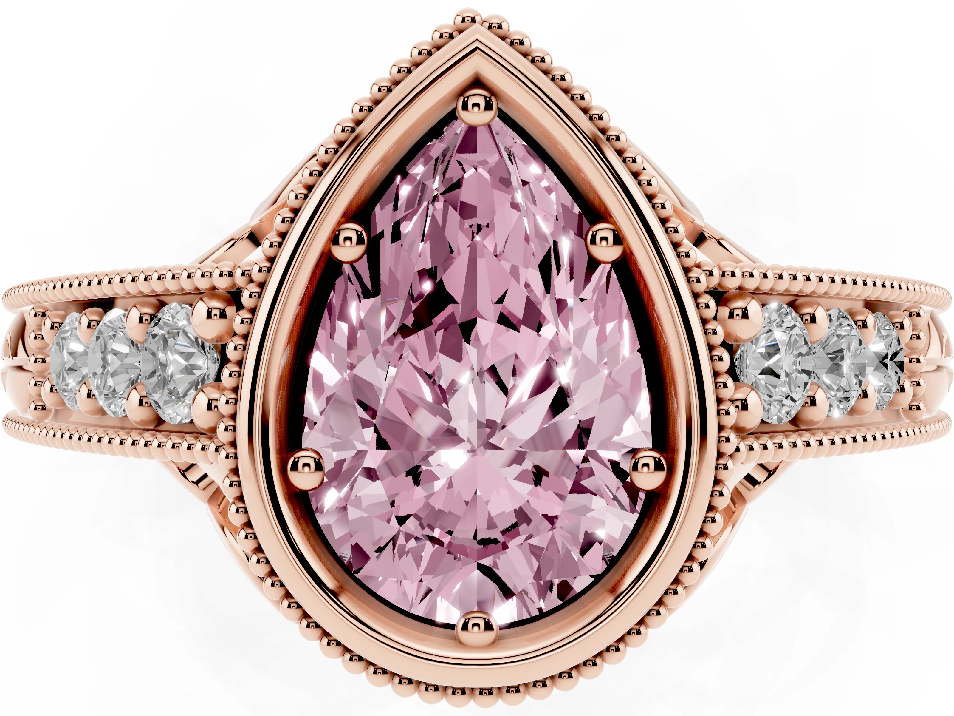 Fancy Pink Bezel Set Pear Cut Diamond Milgrain Pavé Engagement Ring Set in Rose gold