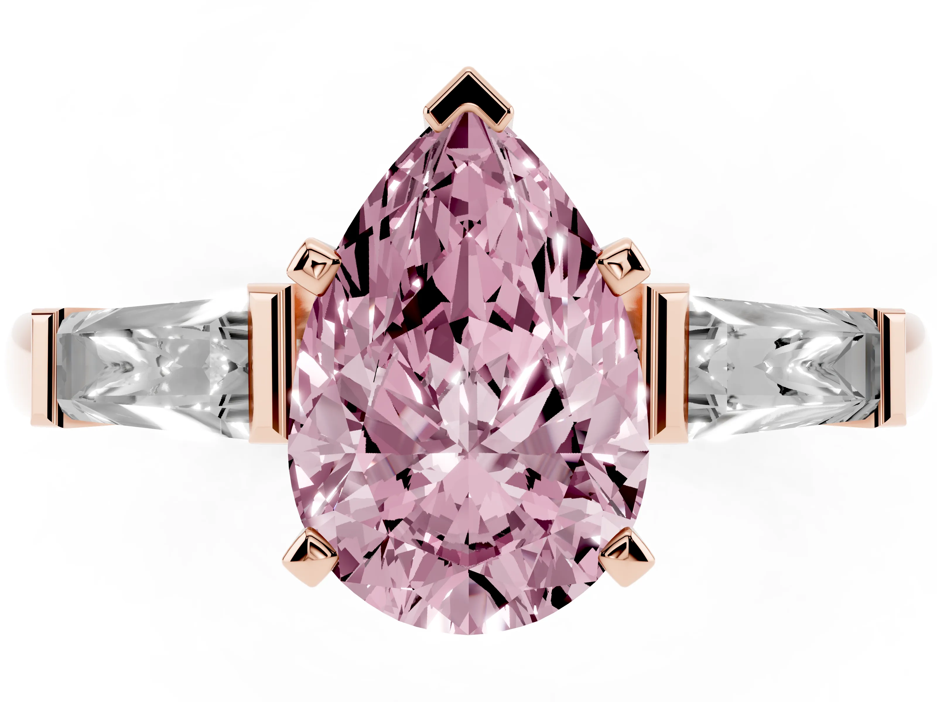 Fancy Pink Pear Cut Diamond Solitaire Ring Set in Rose gold with Tapered Baguette Side Stones and Prong Setting