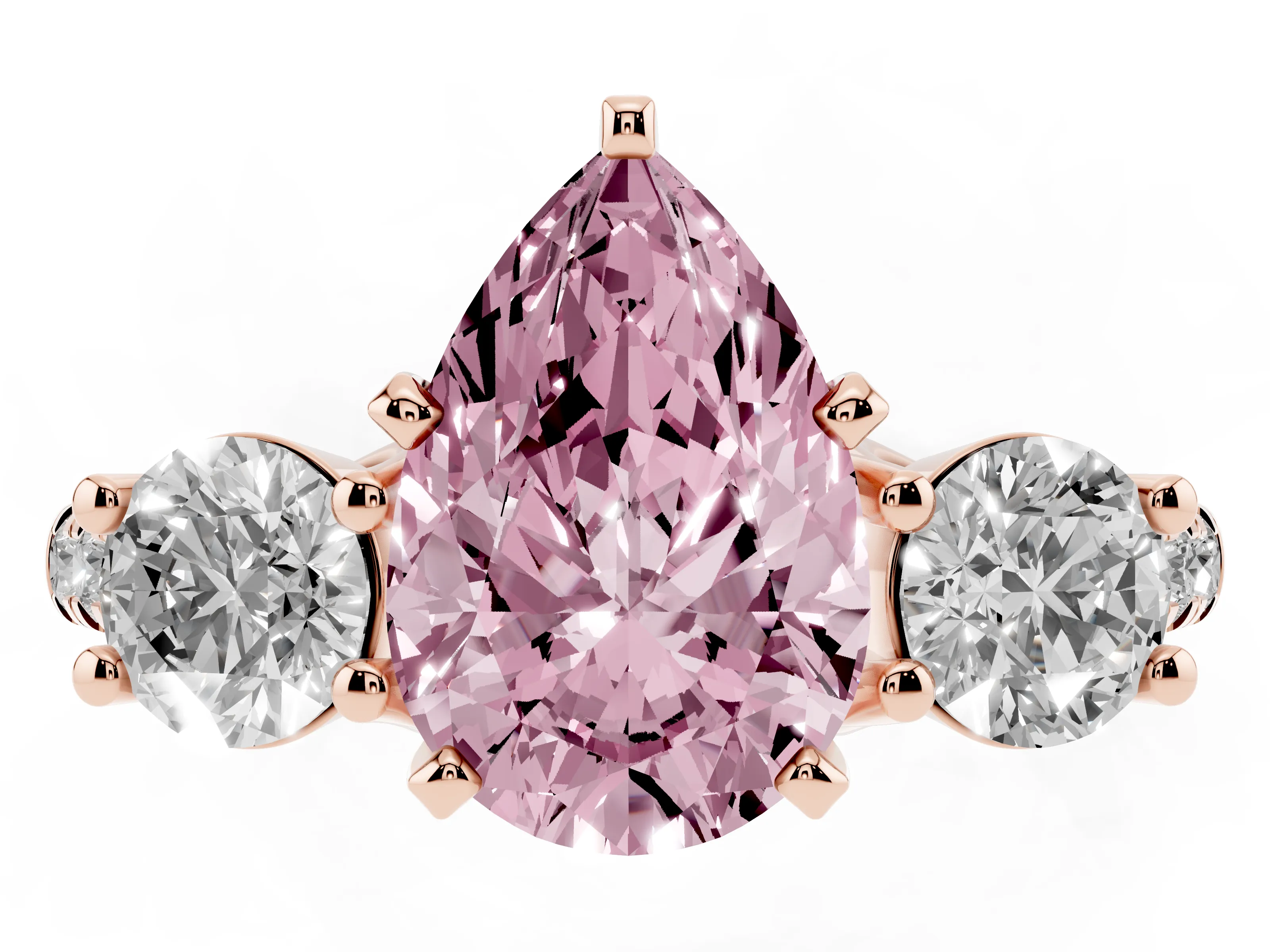 Fancy Pink Three-Stone Pear Cut Diamond Pavé Band Ring Set in Rose gold with Prong-Set Trio