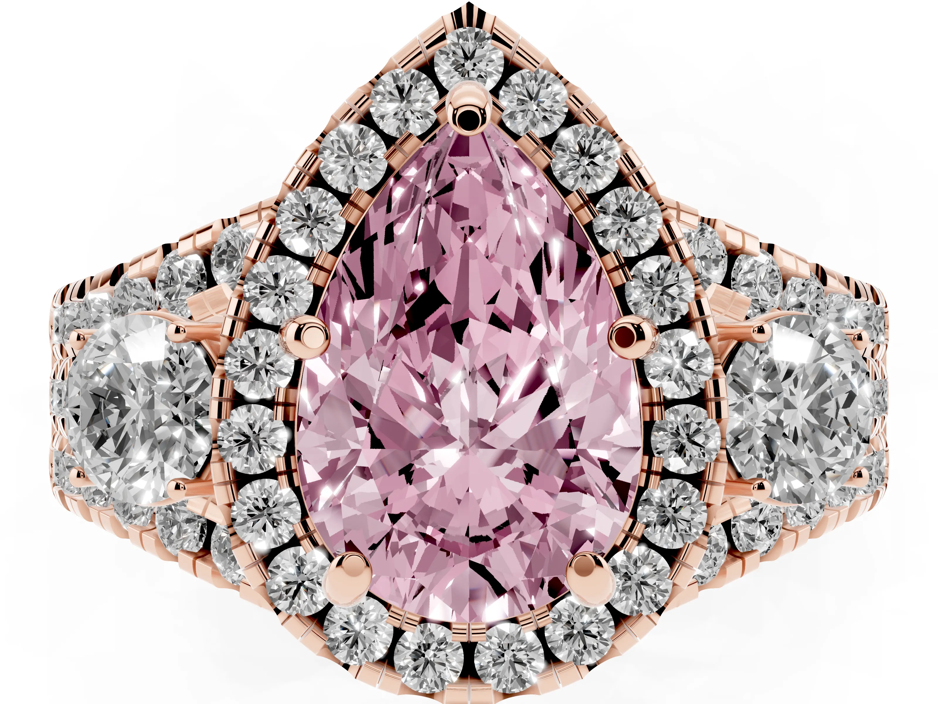 Fancy Pink Pear Cut Diamond Halo Split Shank Ring Set in Rose gold with Round Accent Stones and Prong Setting