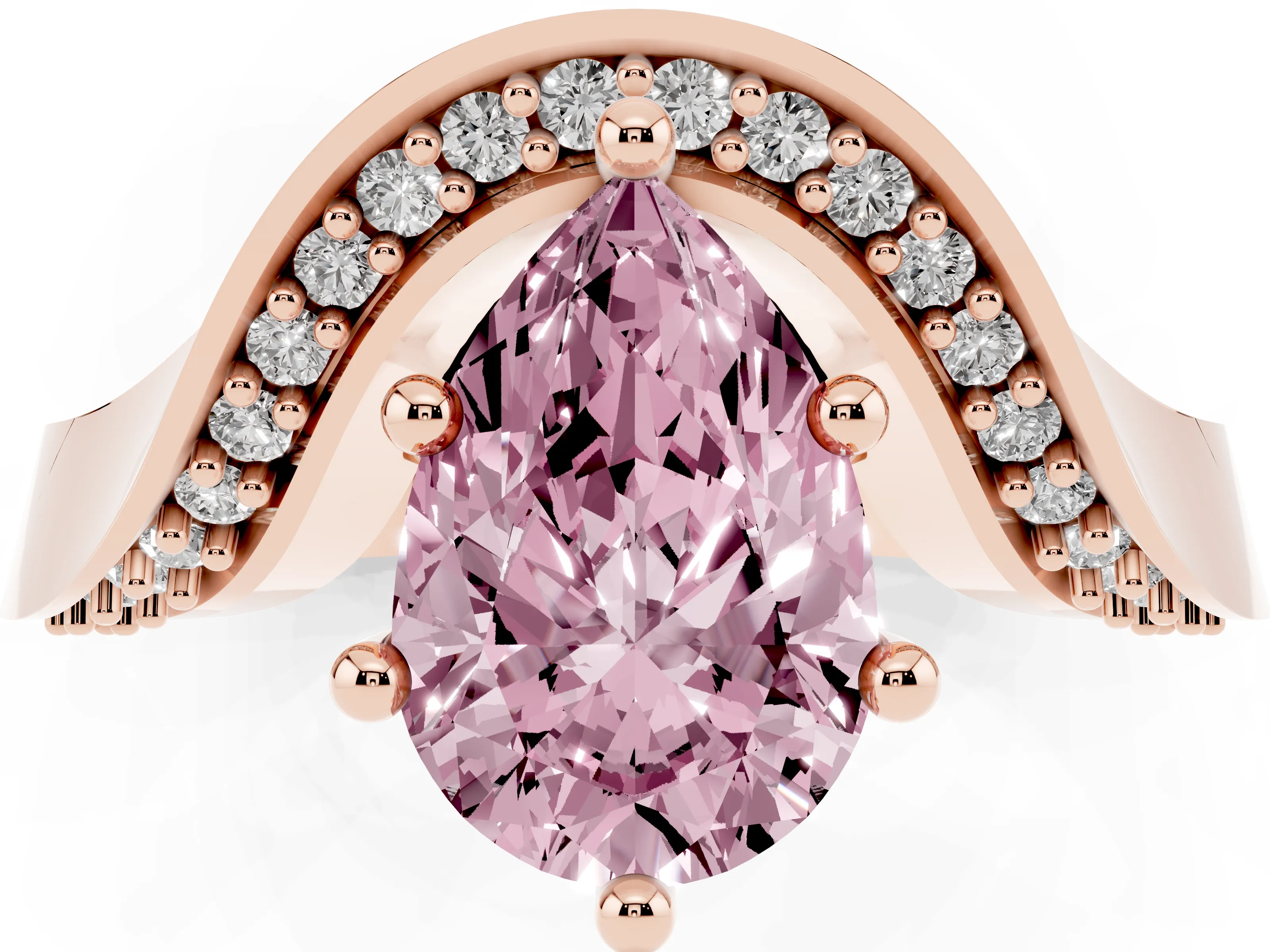 Fancy Pink Pear Cut Diamond Solitaire Engagement Ring Set in Rose gold with Pavé Shoulders