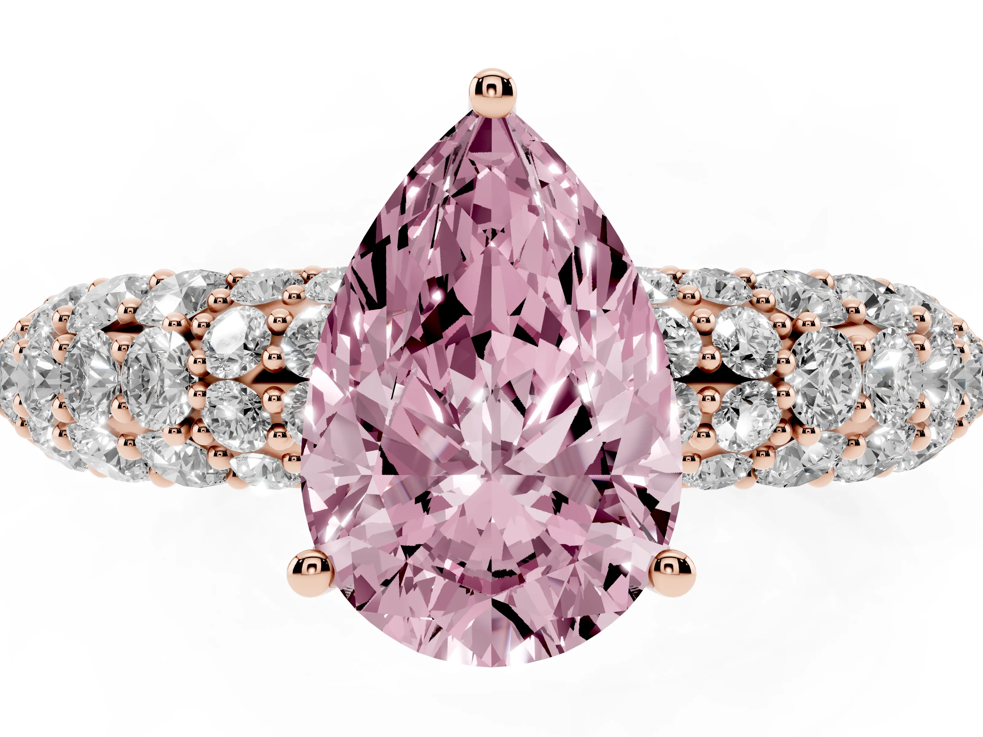 Fancy Pink Pear Cut Diamond Pavé Band Solitaire Ring Set in Rose gold with Close-Set Accent Stones and Prong Setting