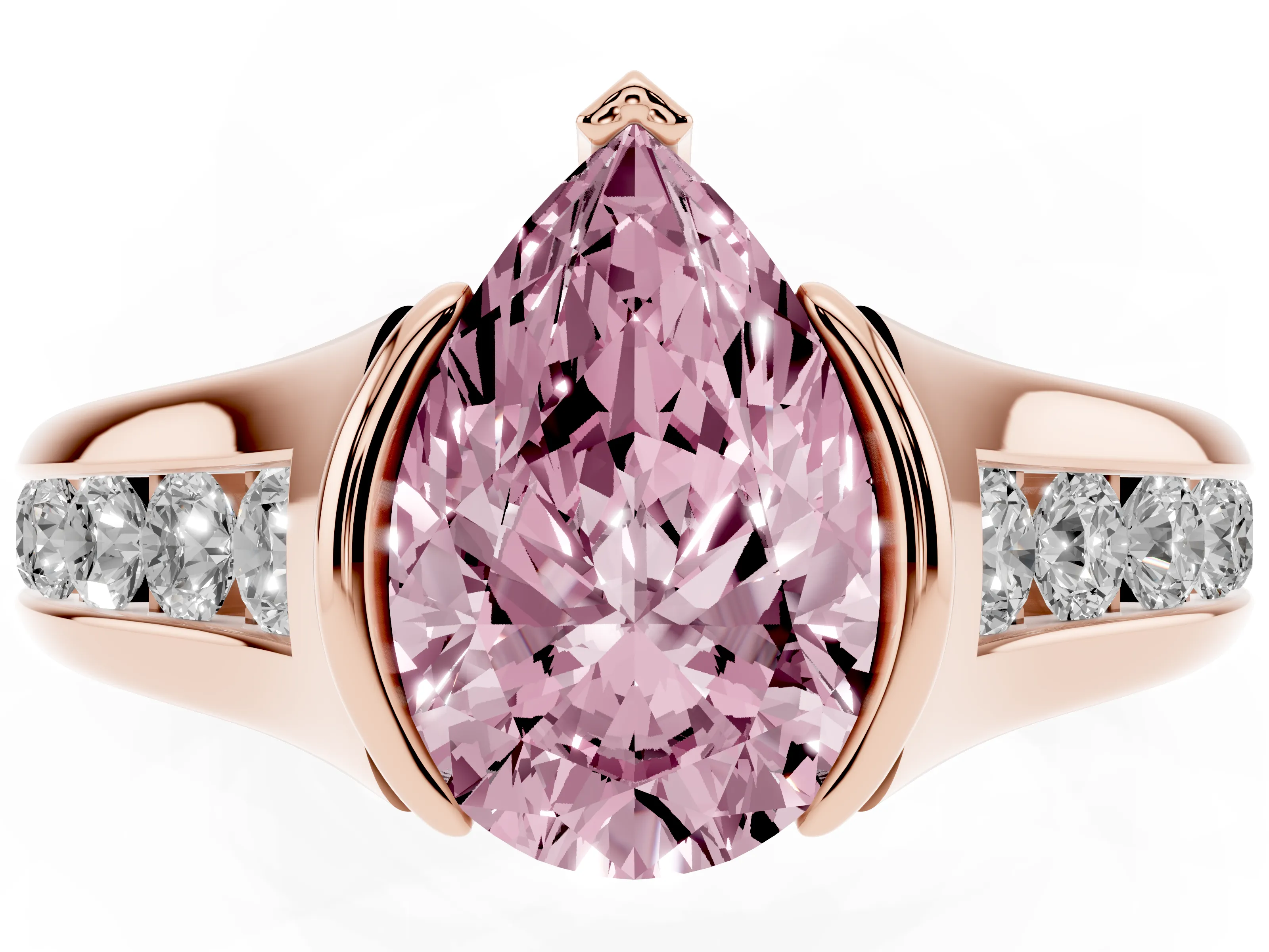 Fancy Pink Pear Cut Diamond Bezel-Set Solitaire Ring Set in Rose gold with Channel-Set Band