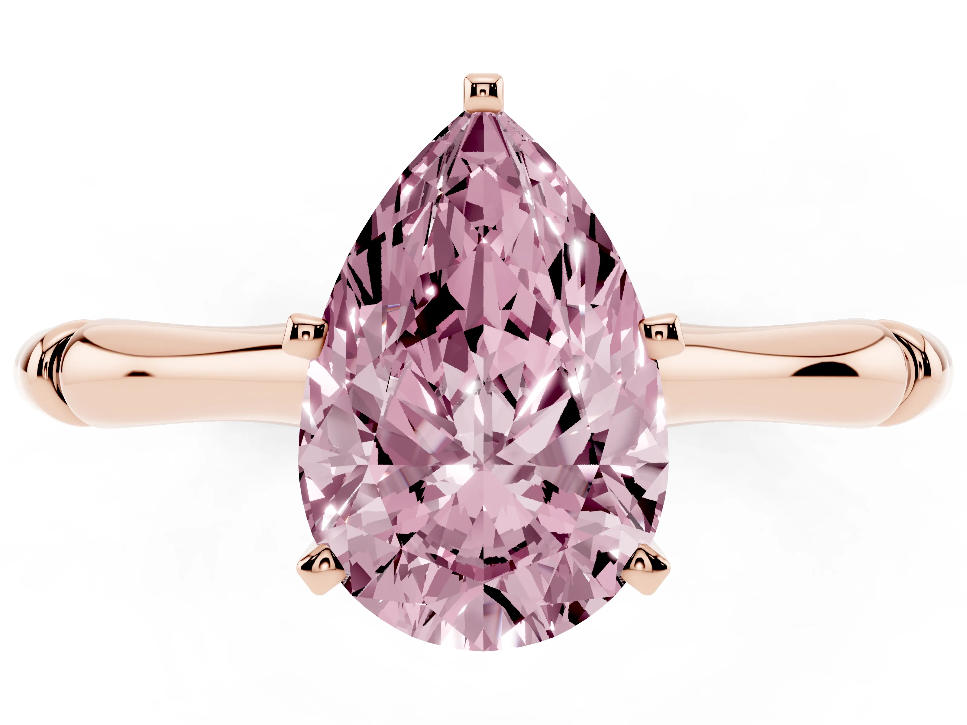 Fancy Pink Pear Cut Diamond Solitaire Ring Set in Rose gold with Bamboo Band and Prong Setting