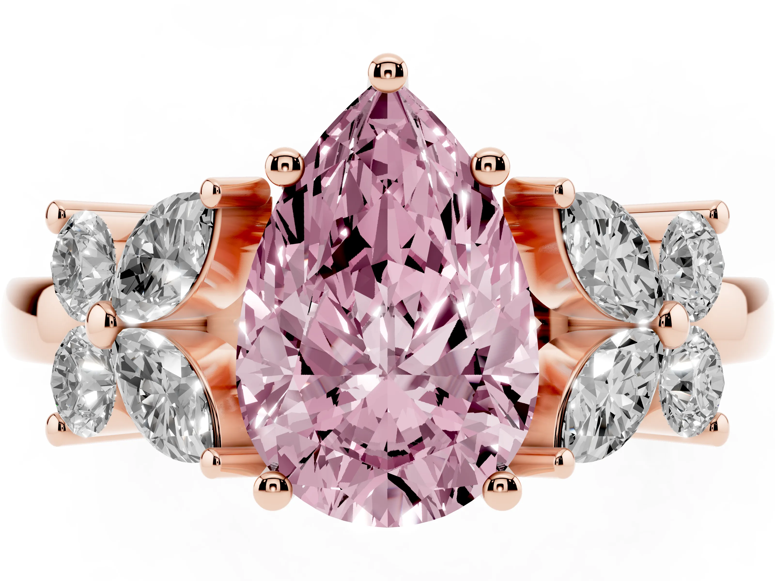 Fancy Pink Pear Cut Diamond Floral Cluster Ring Set in Rose gold with Marquise Petals and Prong Setting