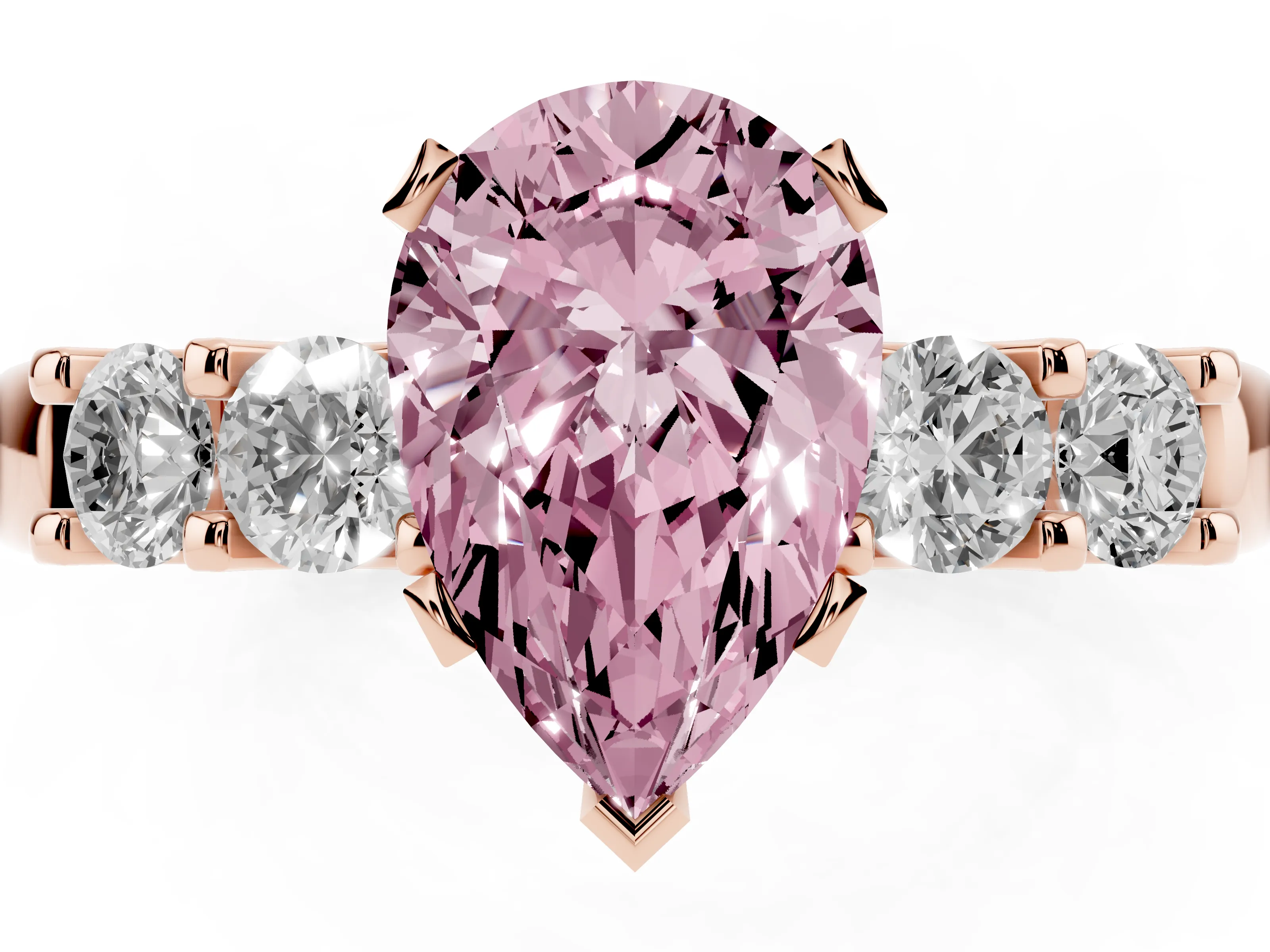 Fancy Pink Pear Cut Diamond Five-Stone Prong Set Engagement Ring Set in Rose gold with Channel Band