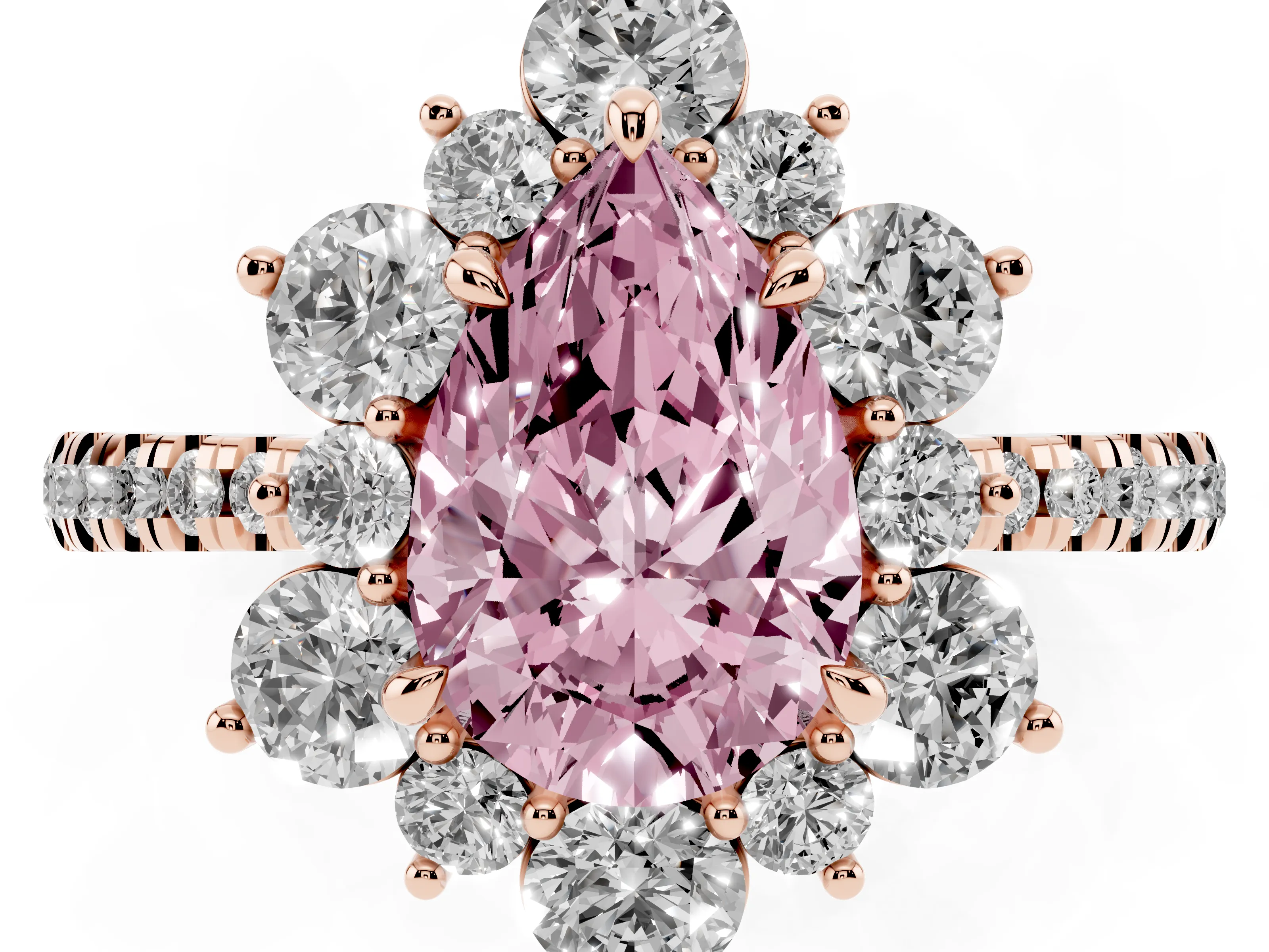 Fancy Pink Pear Cut Diamond Floral Halo Ring Set in Rose gold with Round Pavé Band and Prong Setting