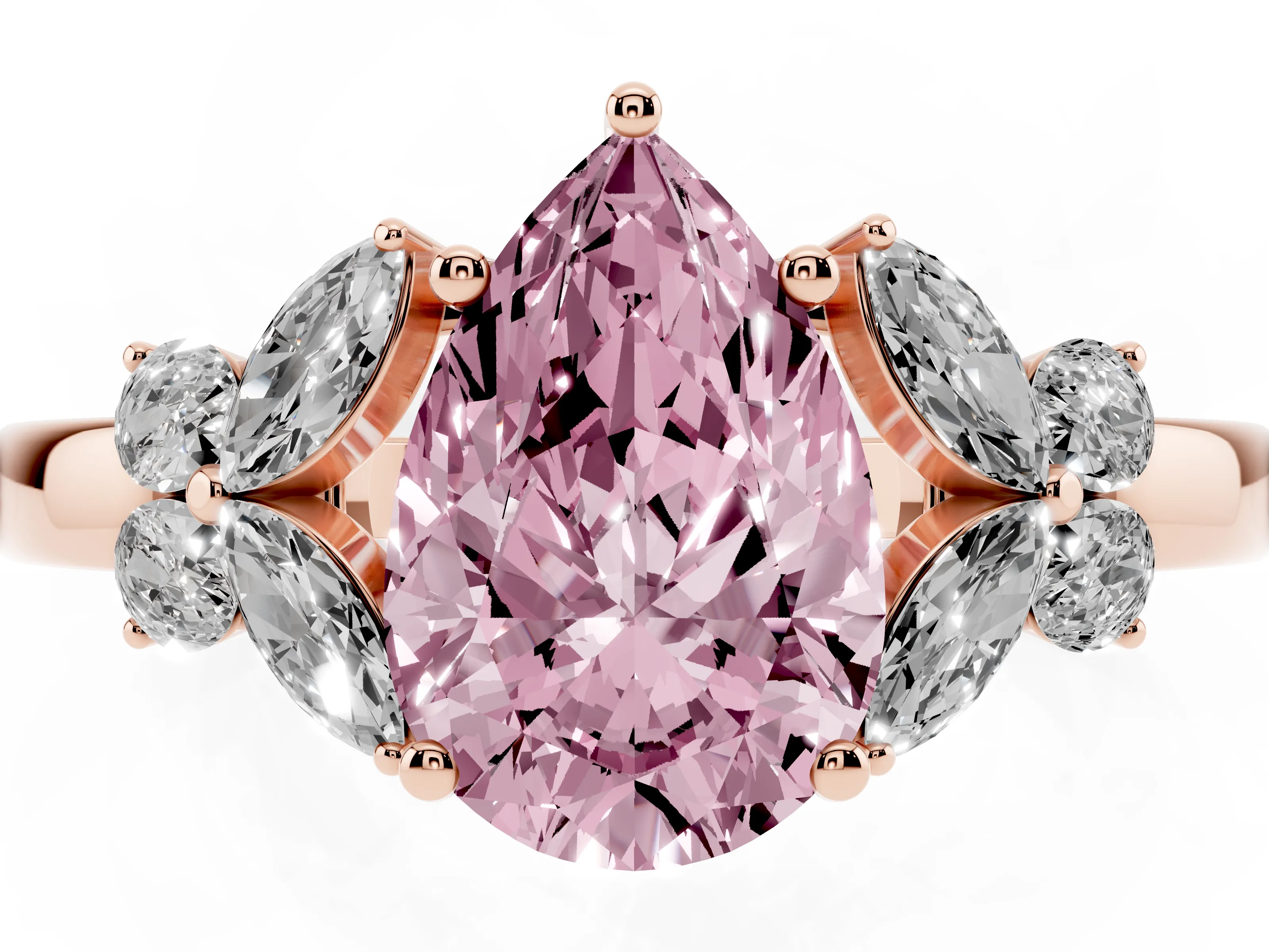 Fancy Pink Pear Cut Diamond Solitaire Floral Ring Set in Rose gold with Marquise Petals and Prong Setting