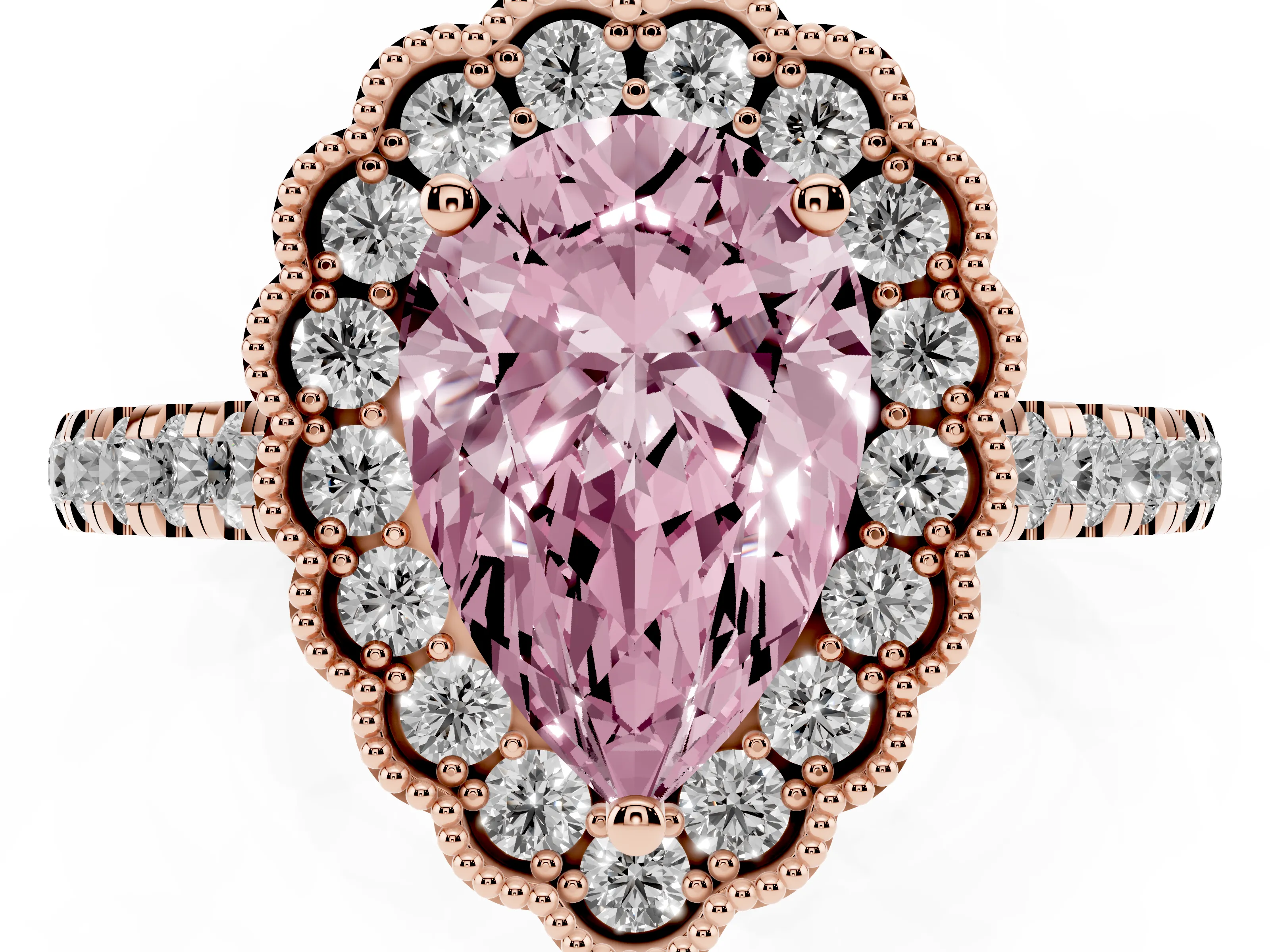 Fancy Pink Pear Cut Diamond Milgrain Floral Halo Engagement Ring Set in Rose gold with Pavé Band