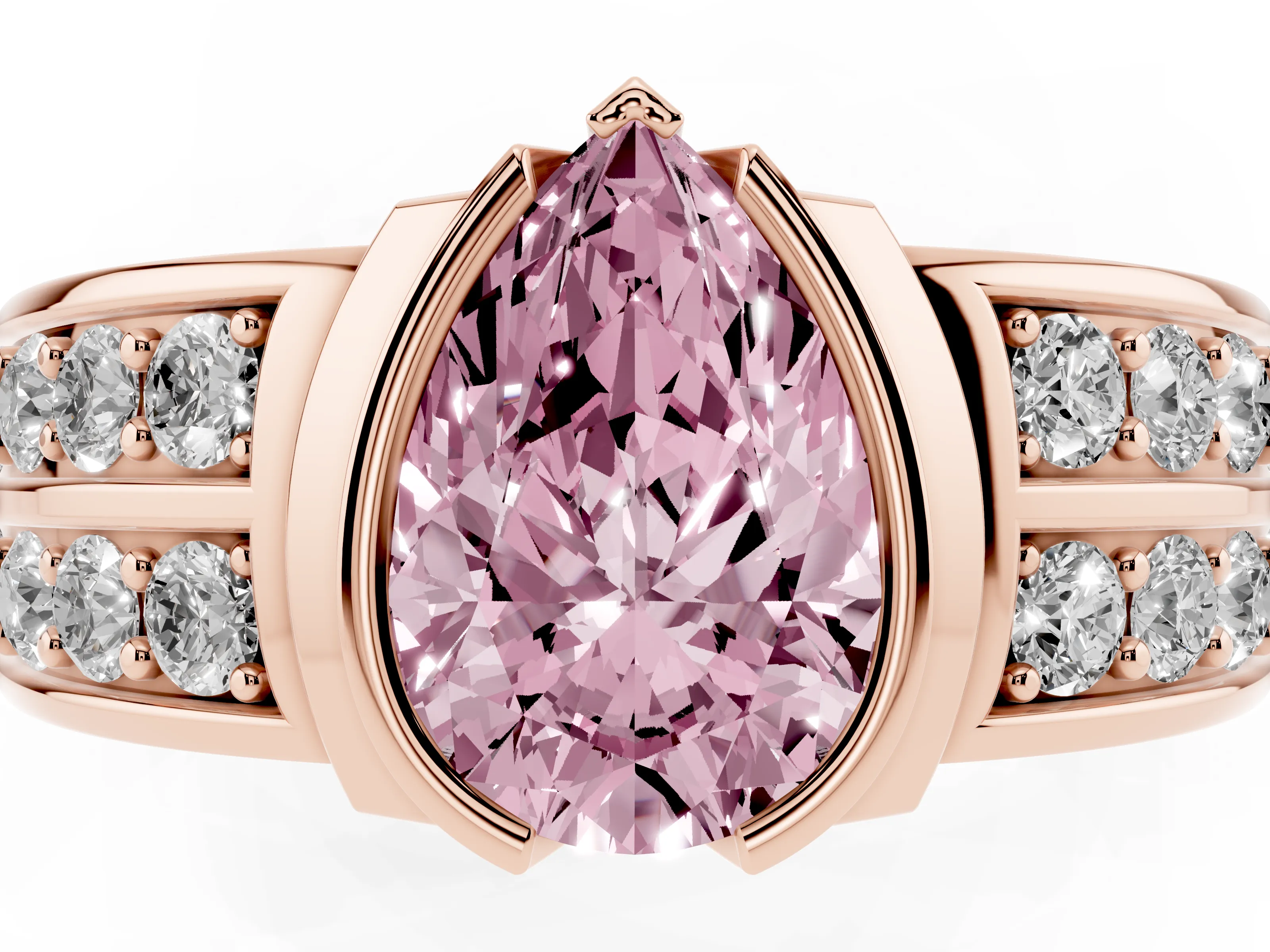Fancy Pink Pear Cut Diamond Wide Channel Set Band Ring Set in Rose gold with Bezel Setting