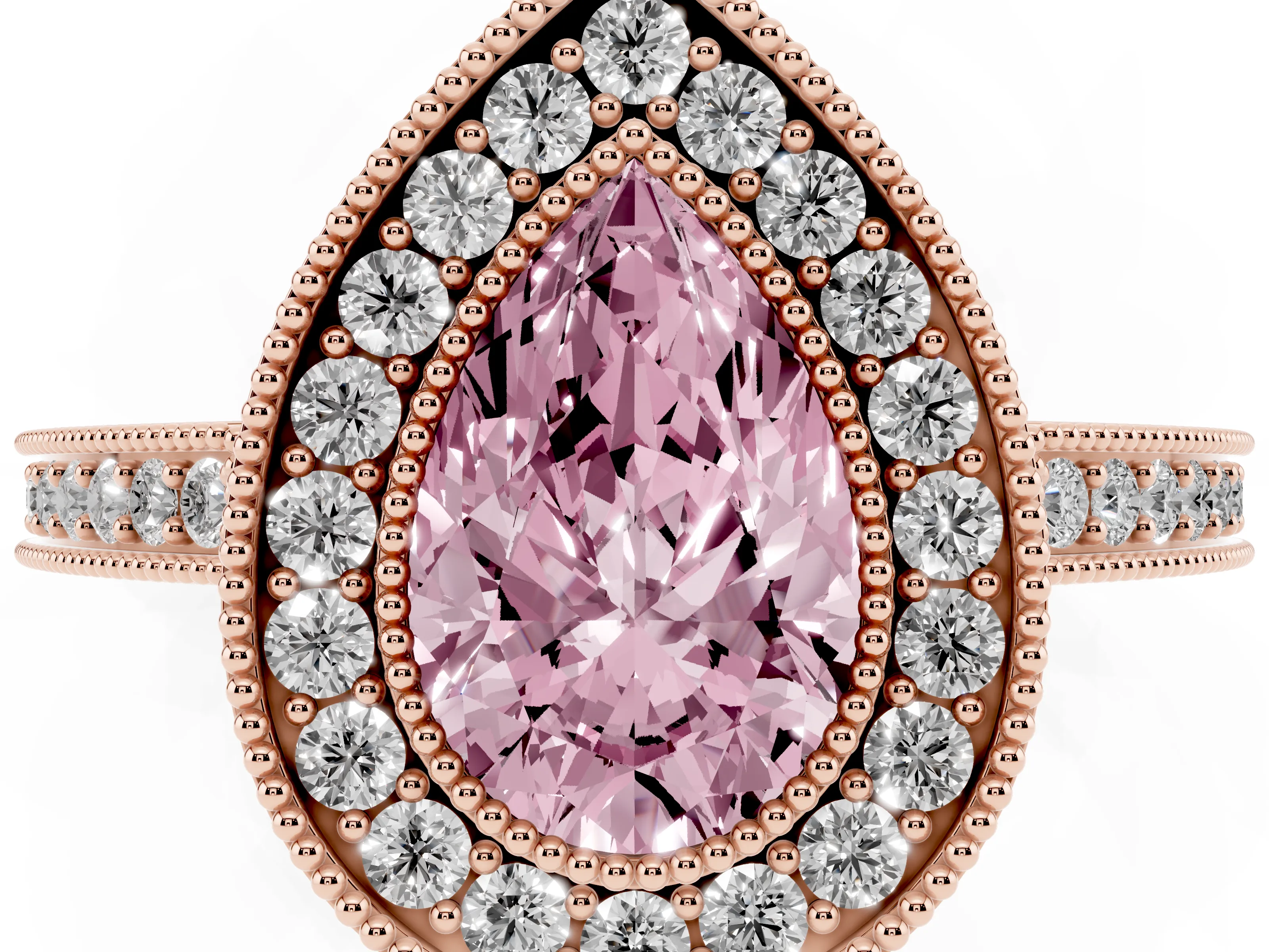Fancy Pink Pear Cut Diamond Round Halo Ring Set in Rose gold with Pavé Band