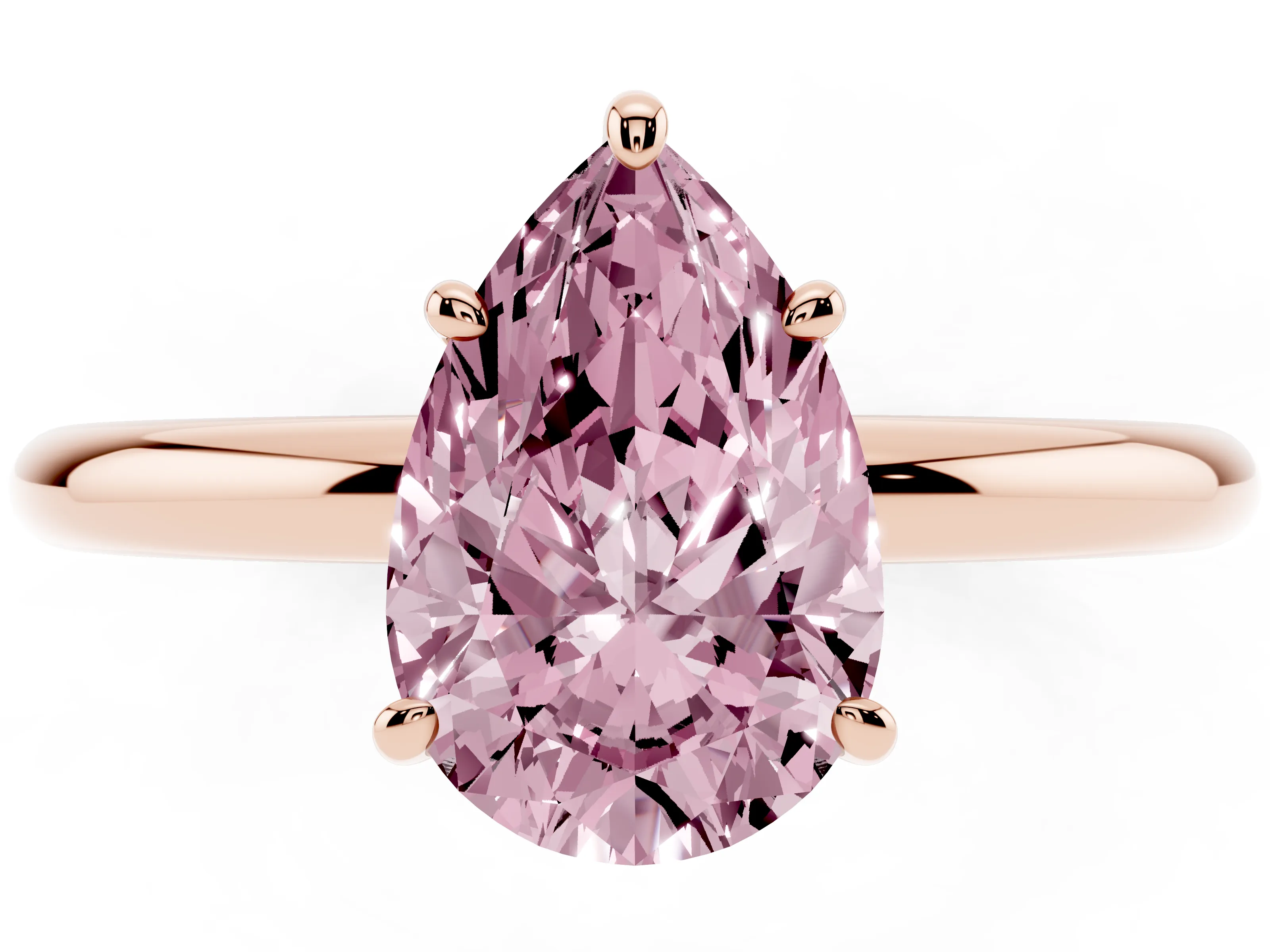 Fancy Pink Pear Cut Diamond Solitaire Ring Set in Rose gold with Prong Setting on a Polished Plain Band