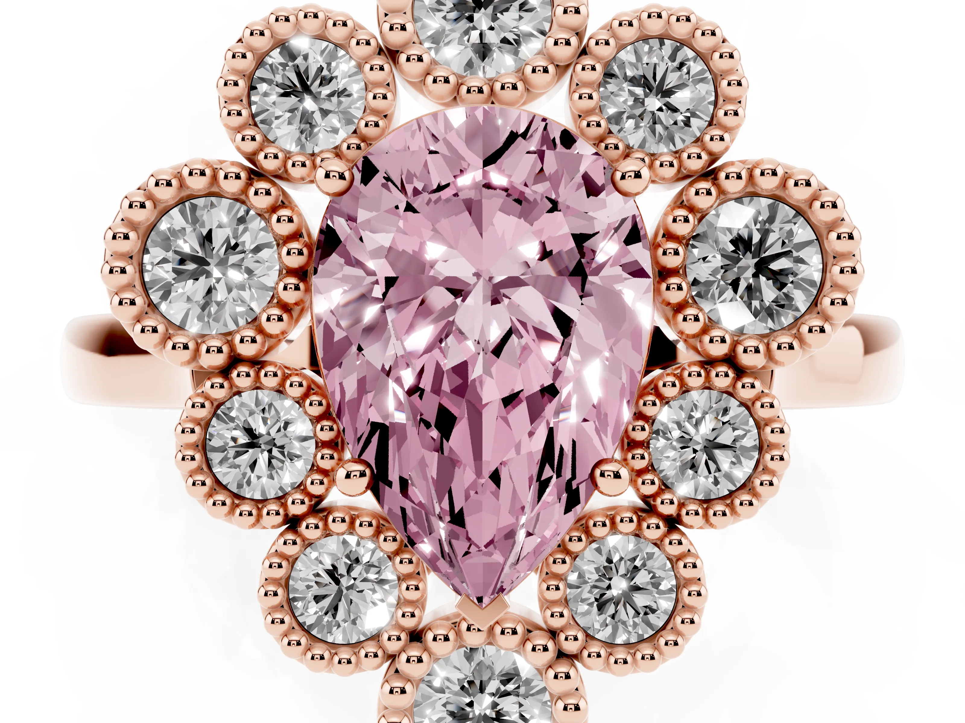 Fancy Pink Pear Cut Diamond Cluster Halo Ring Set in Rose gold with Milgrain Bezel Accents and Plain Band