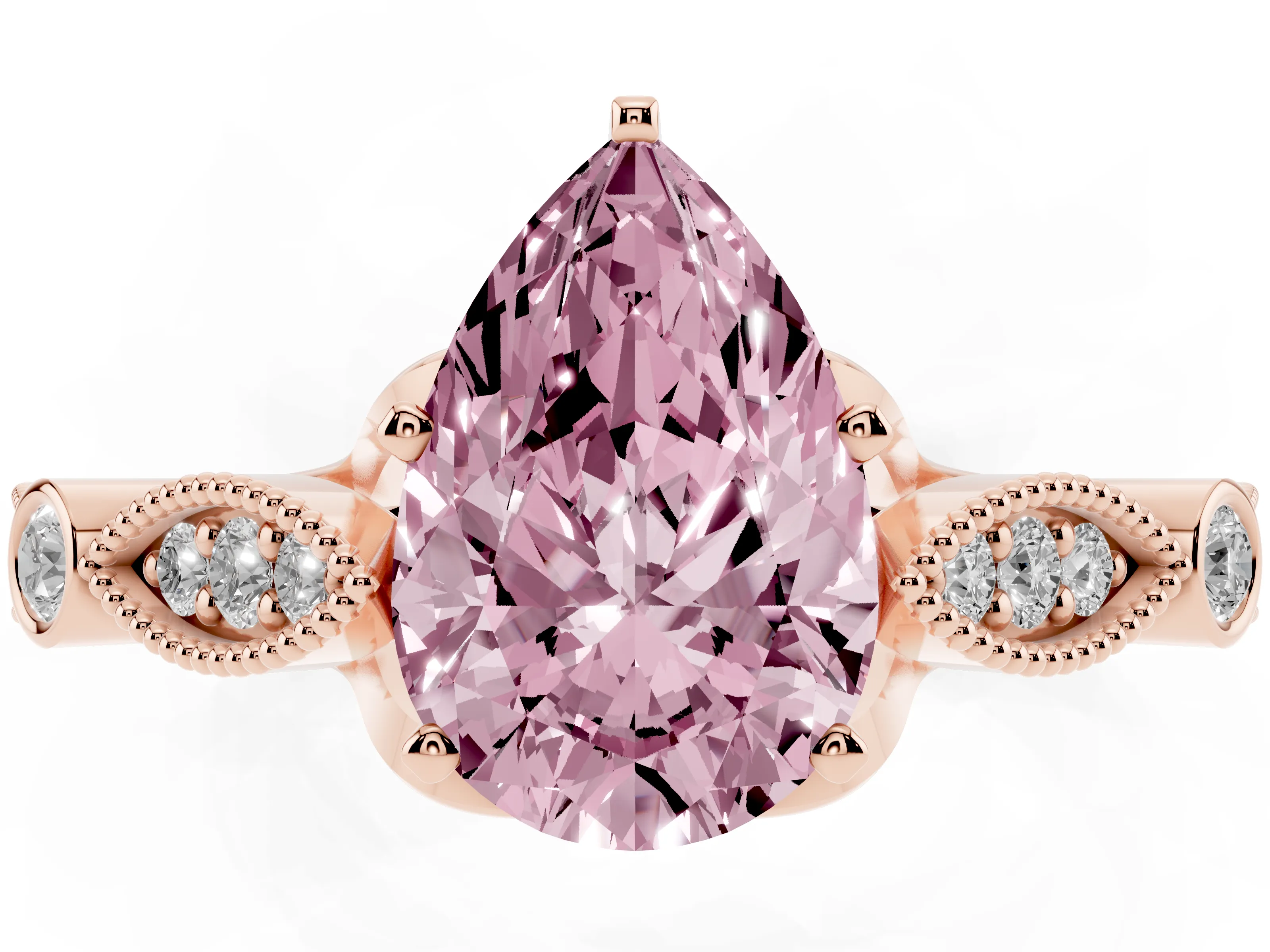 Fancy Pink Pear Cut Diamond Solitaire Ring Set in Rose gold with Milgrain Marquise and Bezel Accents