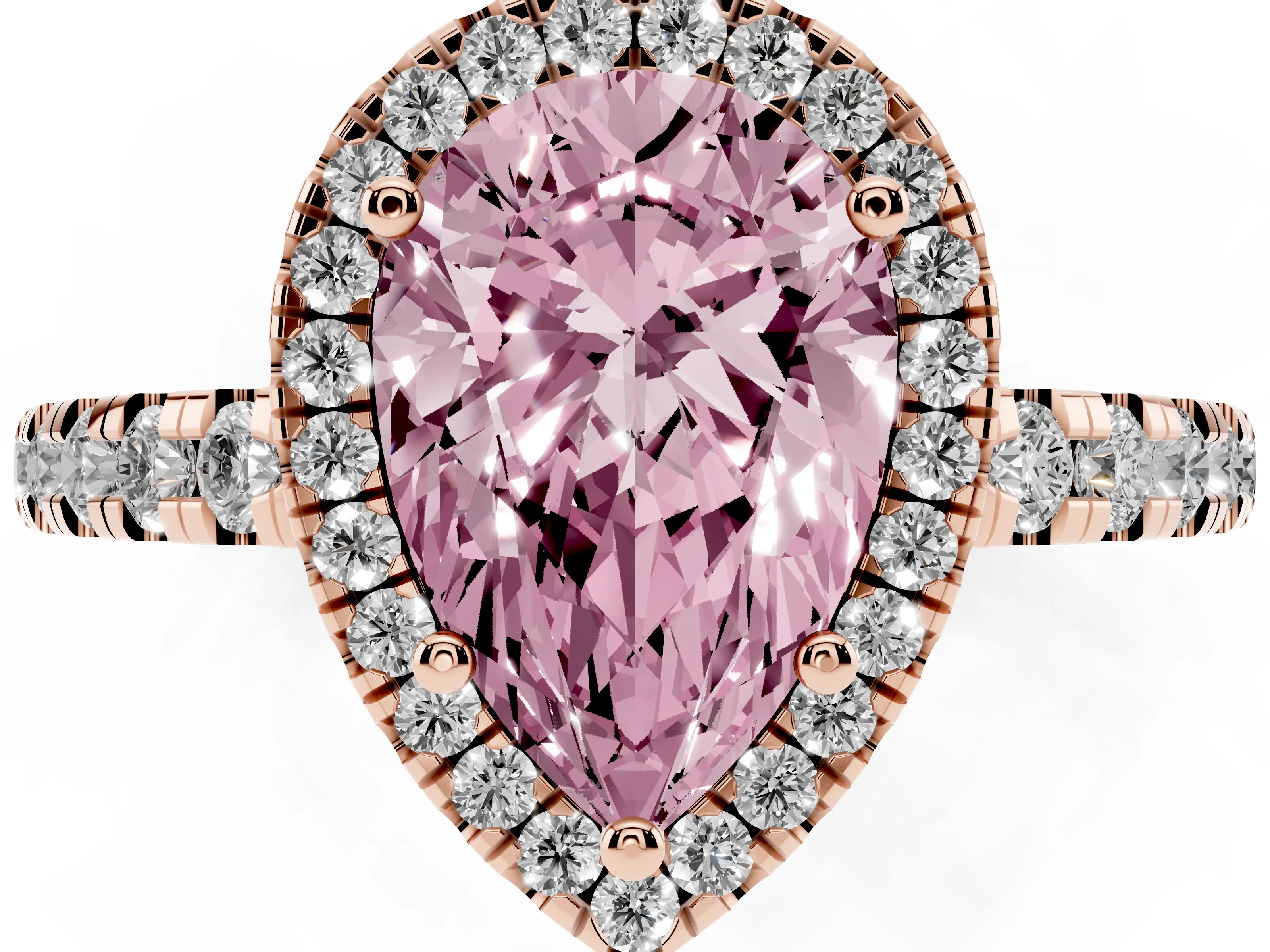 Fancy Pink Pear Cut Diamond Halo Ring Set in Rose gold with Delicate Pavé Band and Prong Setting