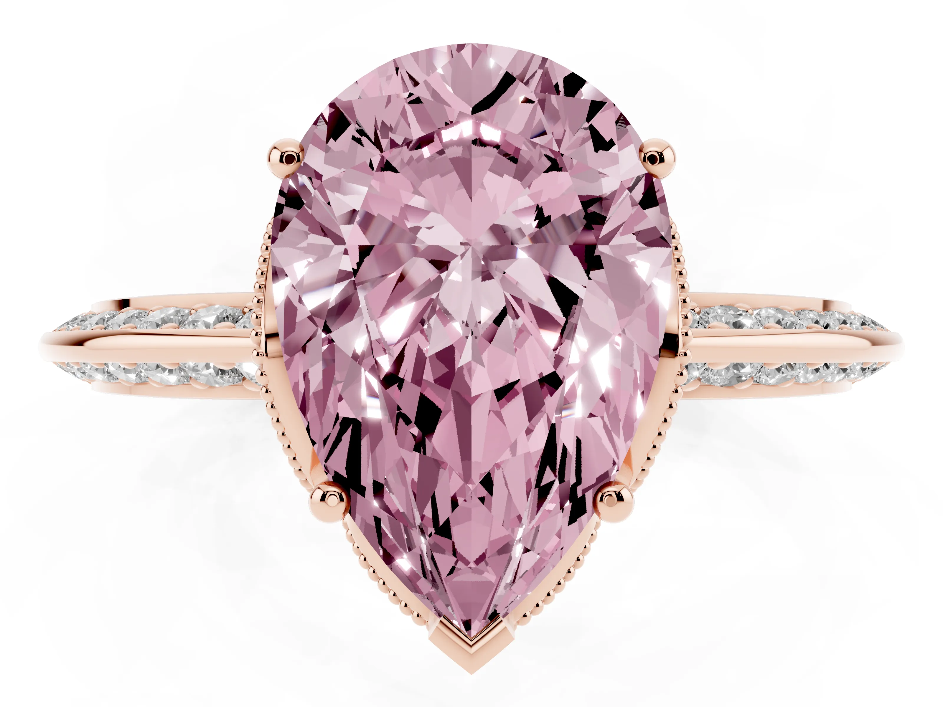 Fancy Pink Pear Cut Diamond Solitaire Engagement Ring Set in Rose gold with Pavé Split Shank and Prong Setting