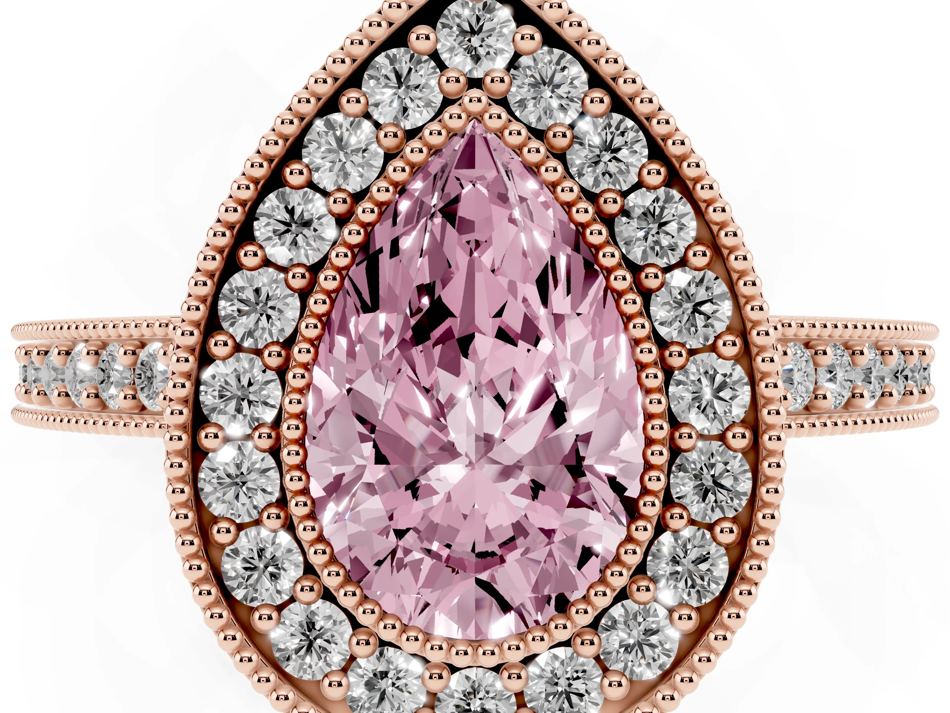 Fancy Pink Pear Cut Diamond Halo Engagement Ring Set in Rose gold with Pavé Band and Round Halo Stones