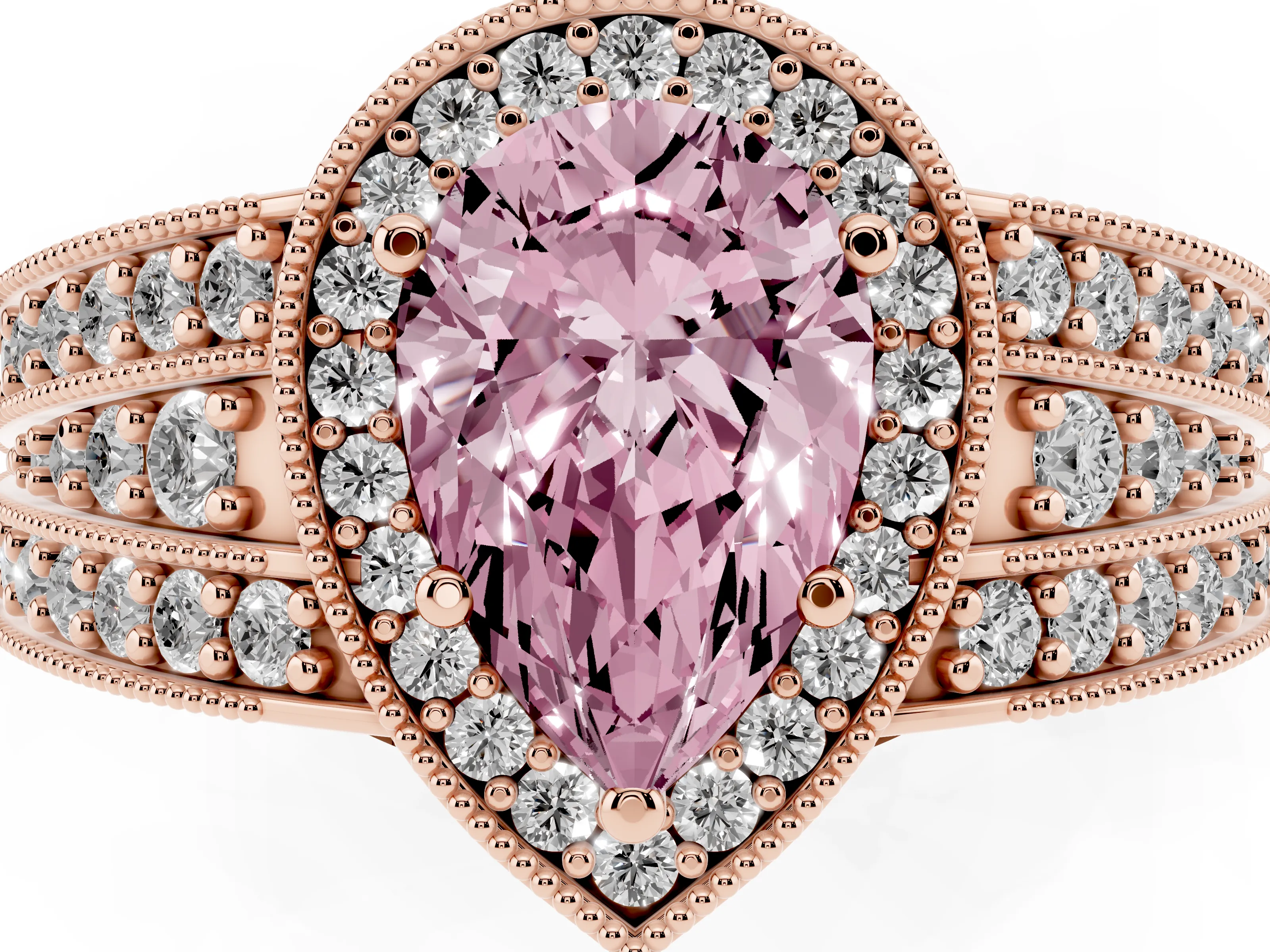 Fancy Pink Pear Cut Diamond Halo Ring Set in Rose gold with Accent Split Shank and Prong Setting