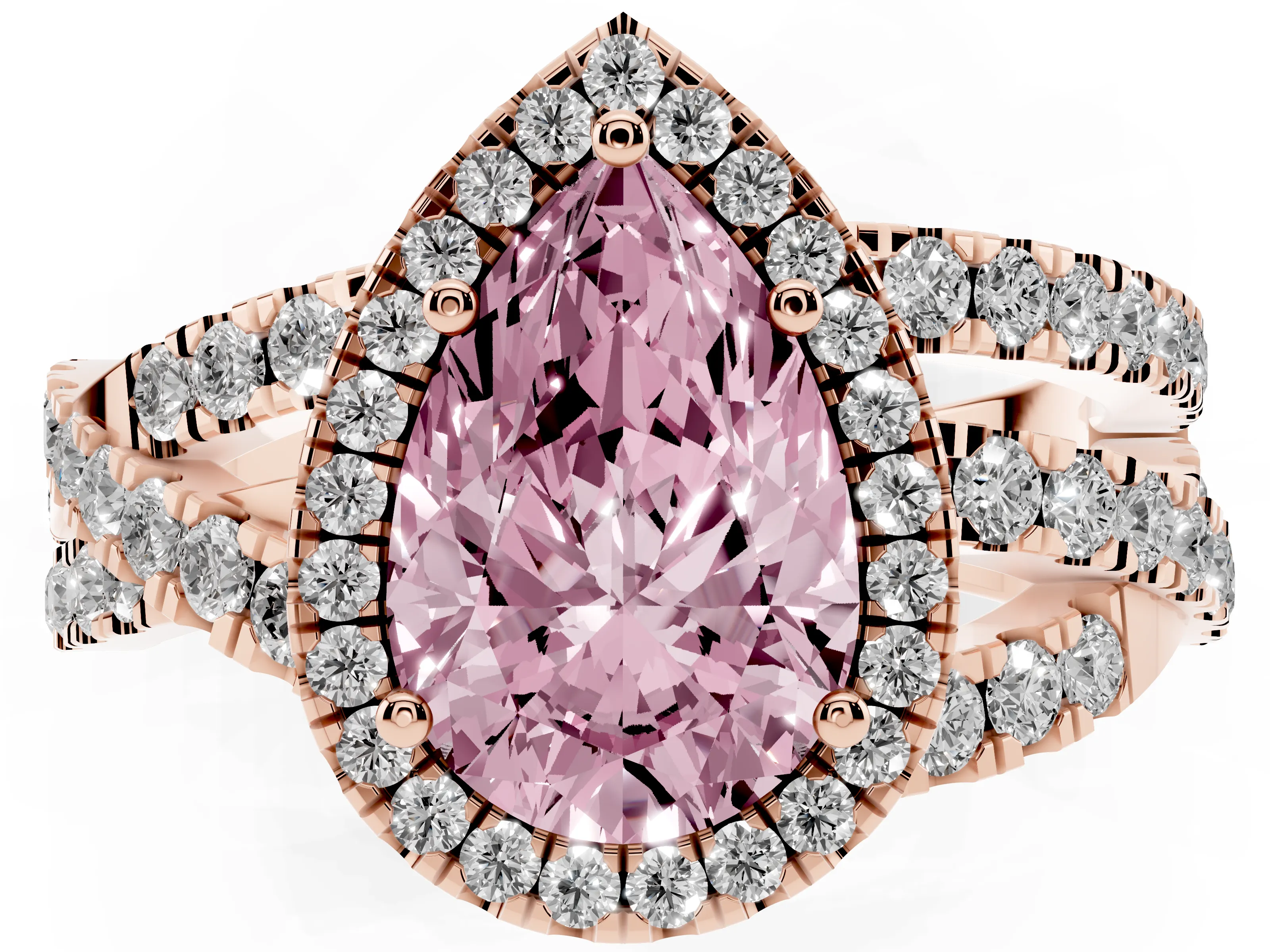 Fancy Pink Pear Cut Diamond Halo Ring Set in Rose gold with Round Crossover Split Shank and Prong Setting