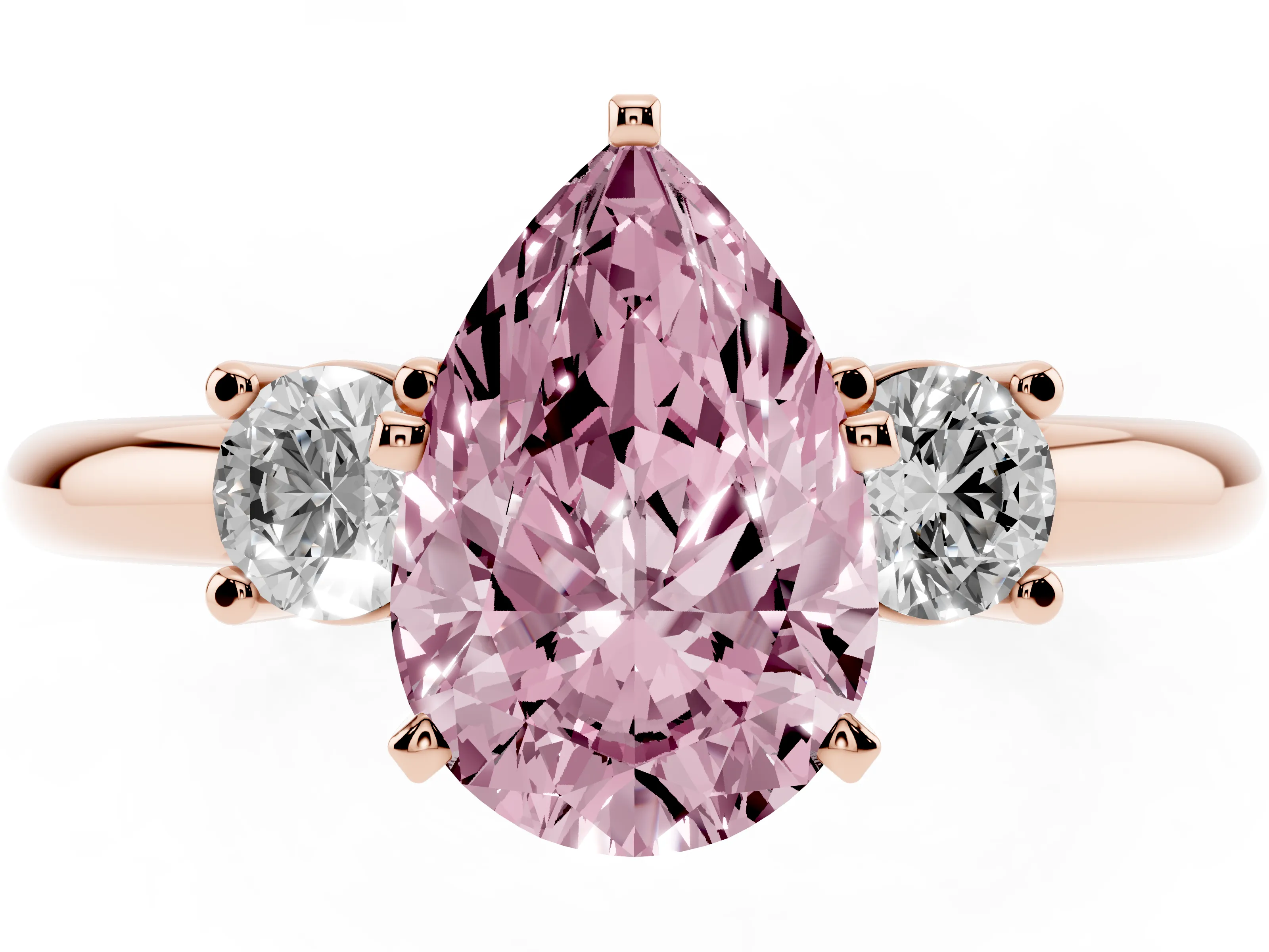 Fancy Pink Three-Stone Pear Cut Diamond Ring Set in Rose gold with Prong Setting and Plain Band