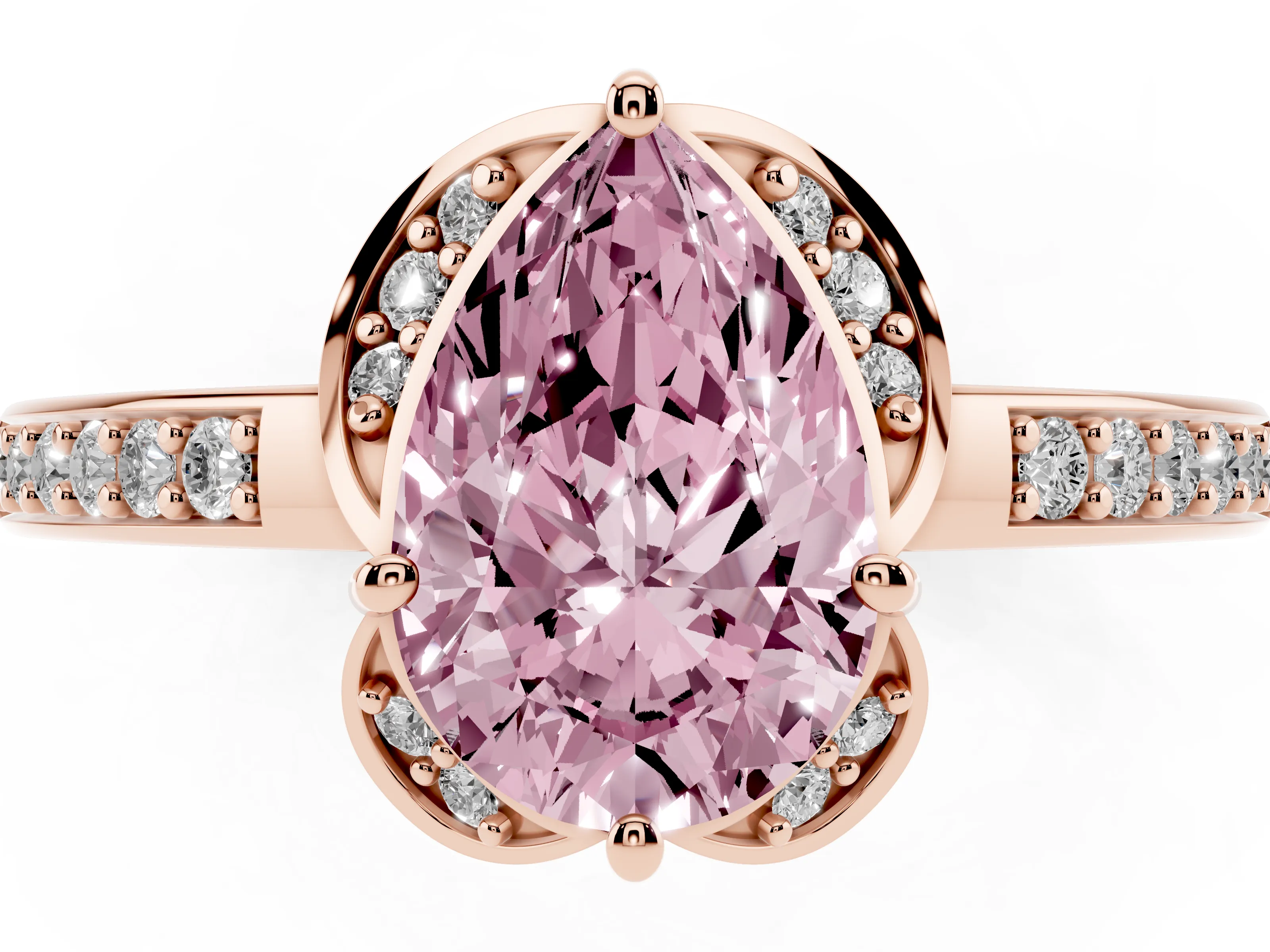 Fancy Pink Pear Cut Diamond Halo Ring Set in Rose gold with Channel Set Band and Prong Setting