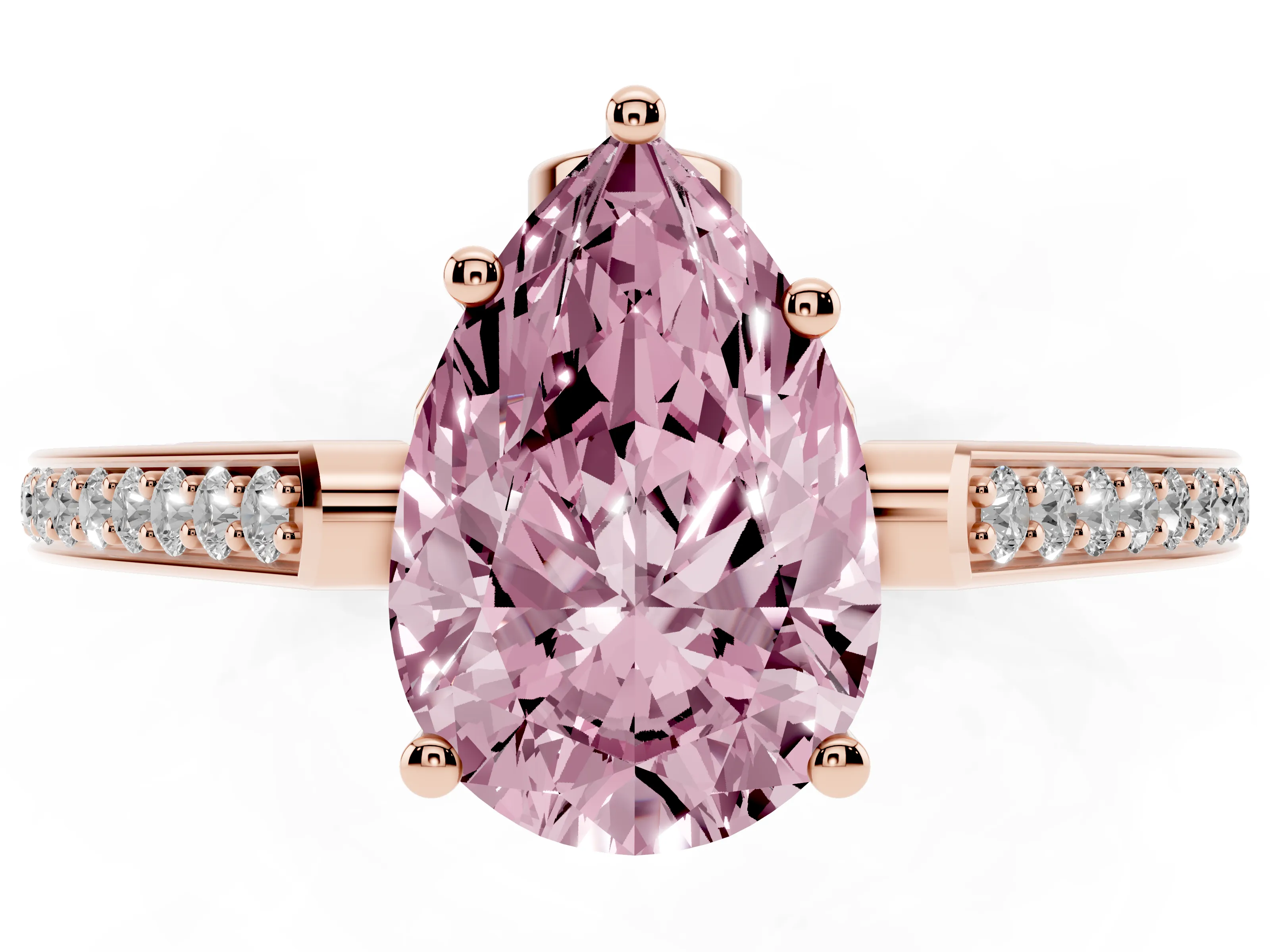 Fancy Pink Pear Cut Diamond Cathedral Pavé Engagement Ring Set in Rose gold with Prong Setting