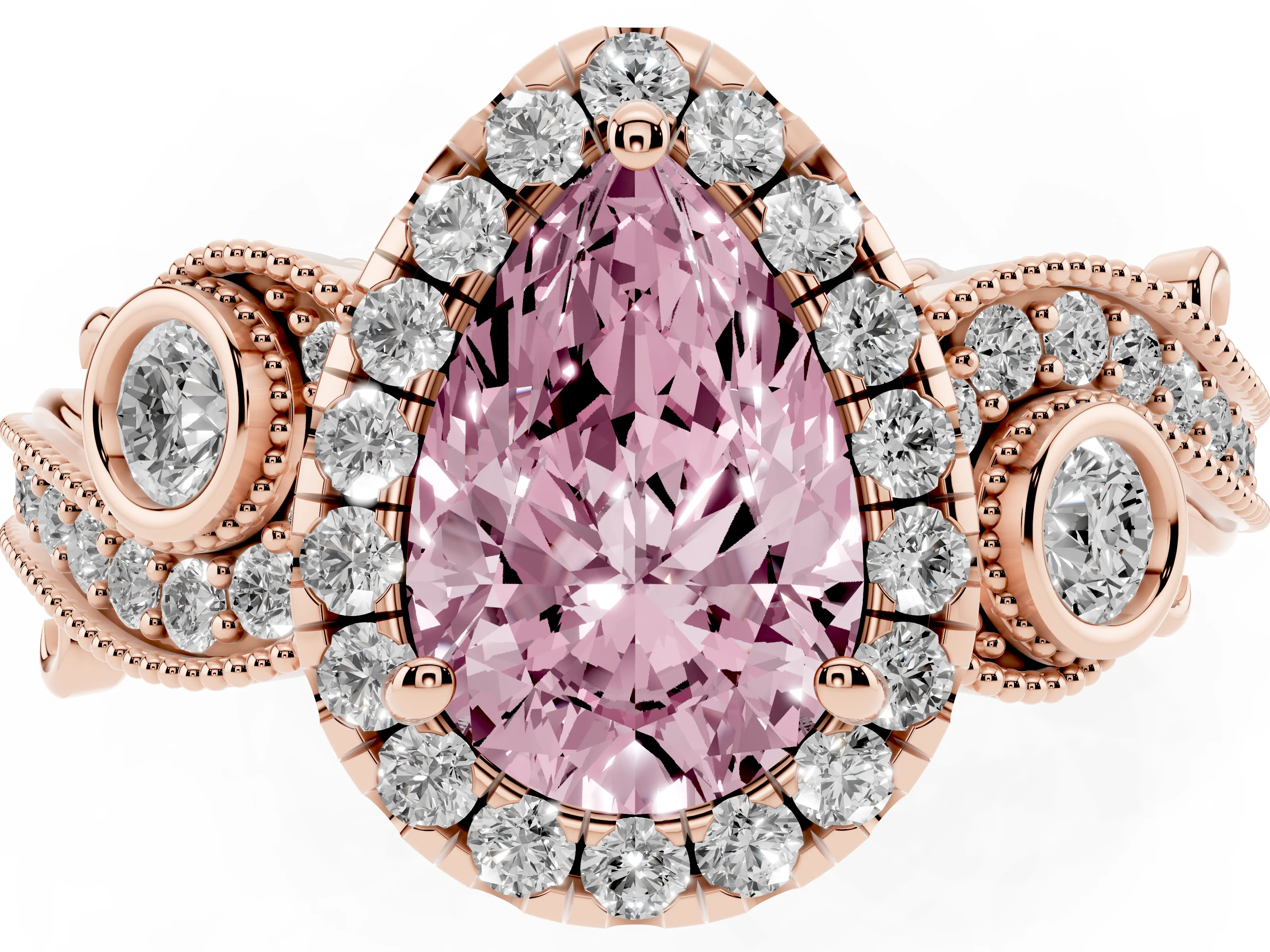 Fancy Pink Pear Cut Diamond Halo Ring Set in Rose gold with Milgrain Pavé Band and Prong Setting
