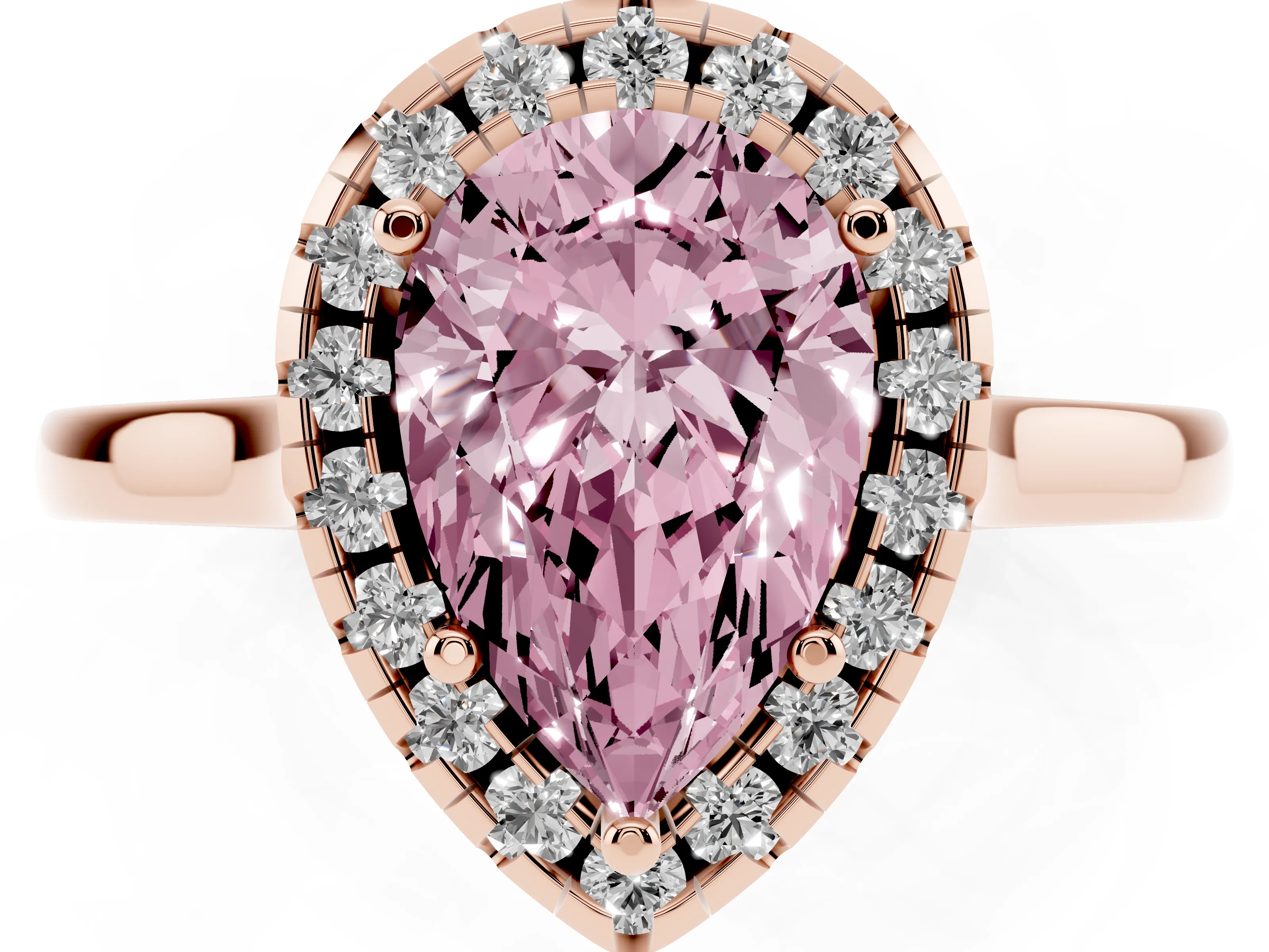 Fancy Pink Pear Cut Halo Round Diamond Solitaire Ring Set in Rose gold with Pavé Band and Prong Setting