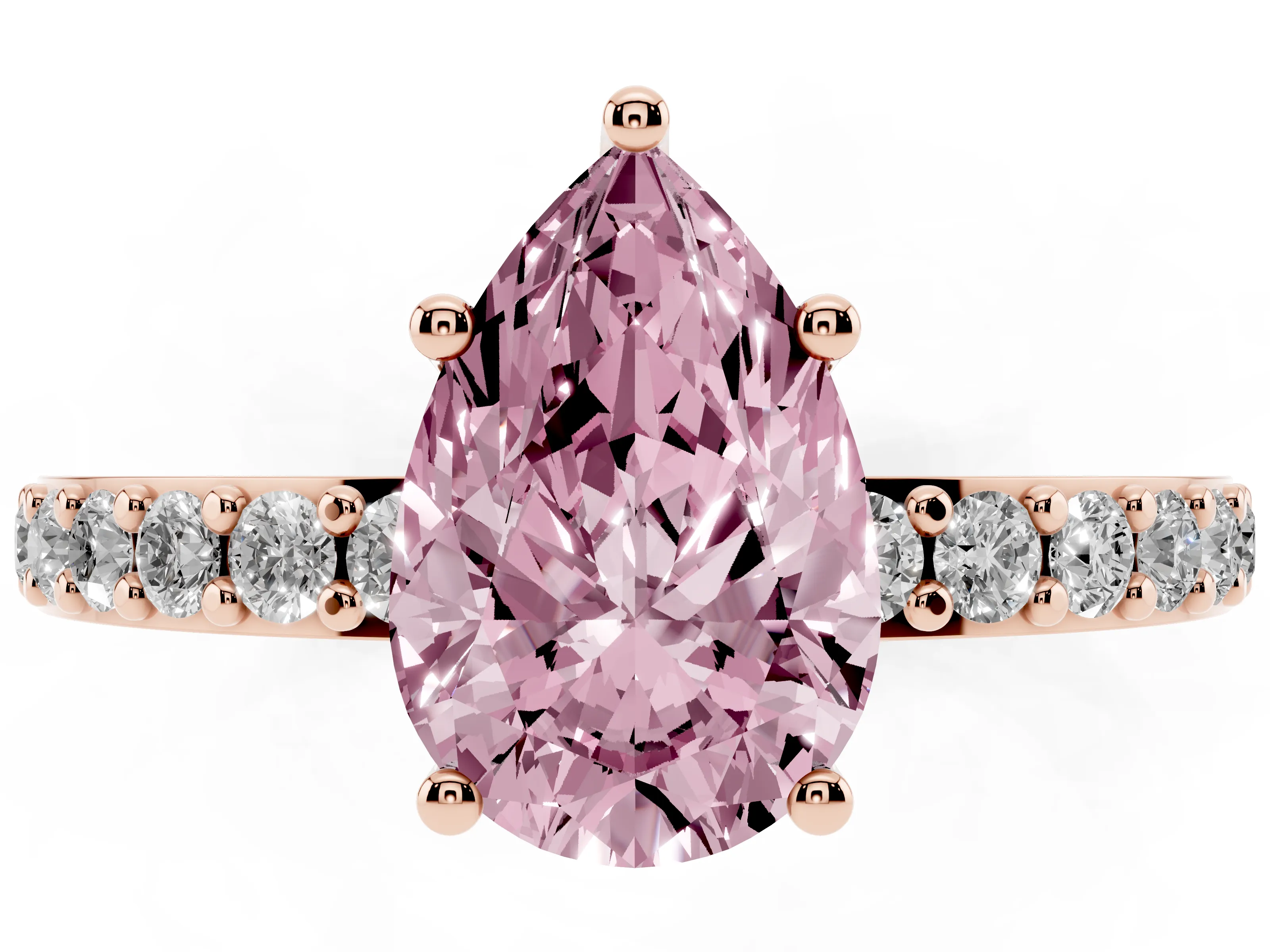 Fancy Pink Pear Cut Diamond Solitaire Set in Rose gold with Round Pavé Band and Prong Setting