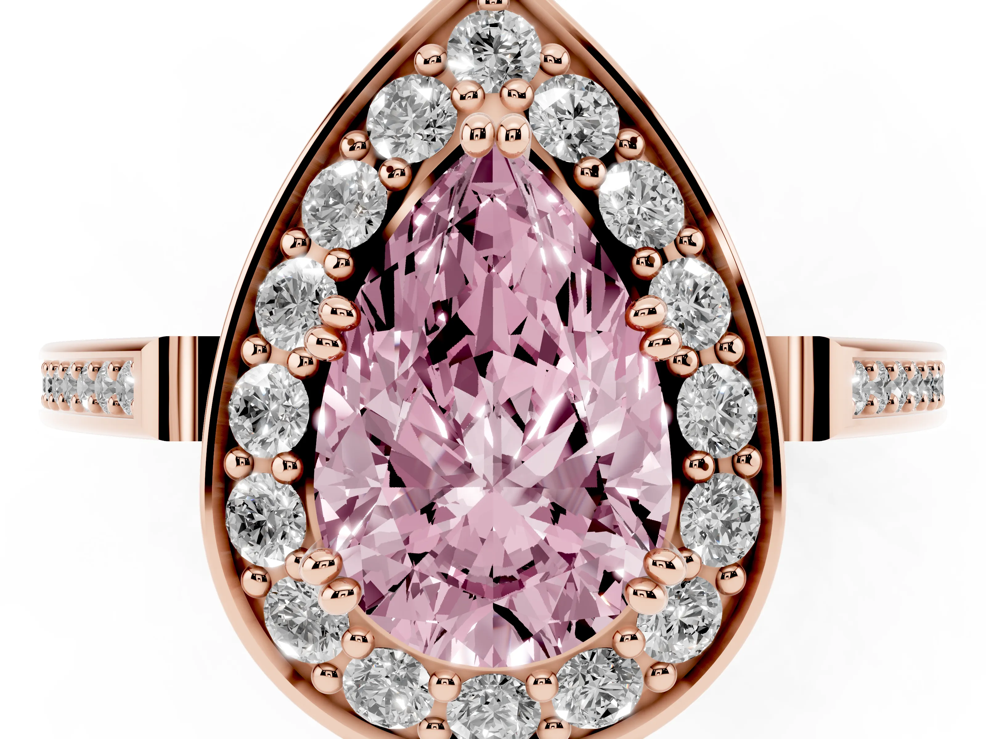 Fancy Pink Pear Cut Diamond Halo Ring Set in Rose gold with Accent-Lined Split Shank and Prong Setting