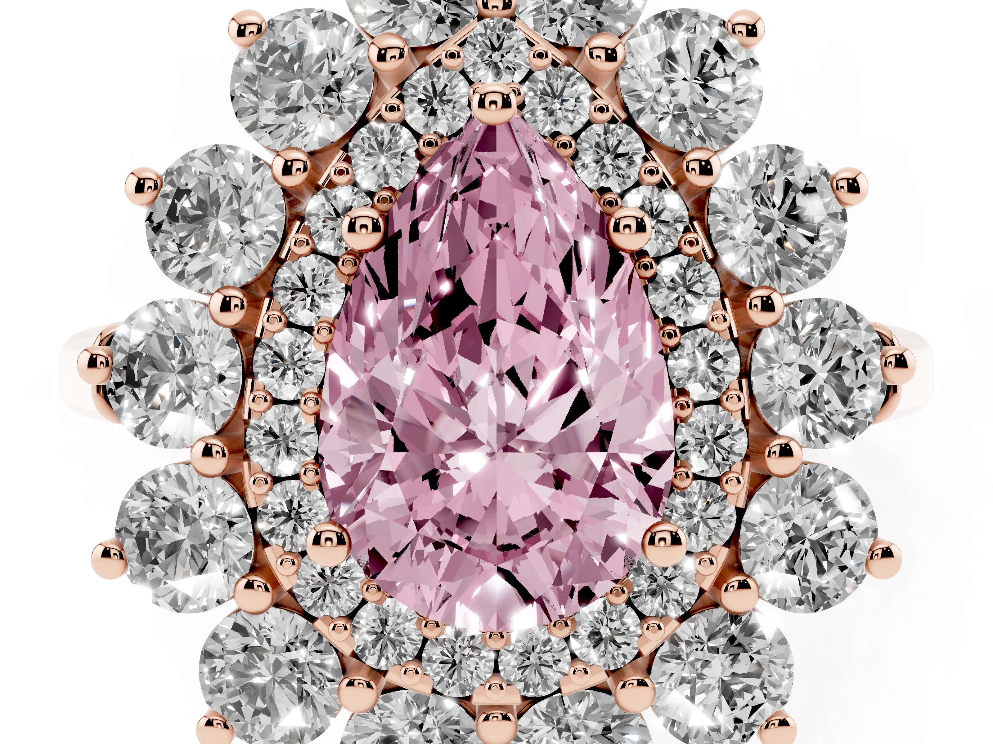 Fancy Pink Pear Cut Diamond Floral Double Halo Ring Set in Rose gold with Round Petals