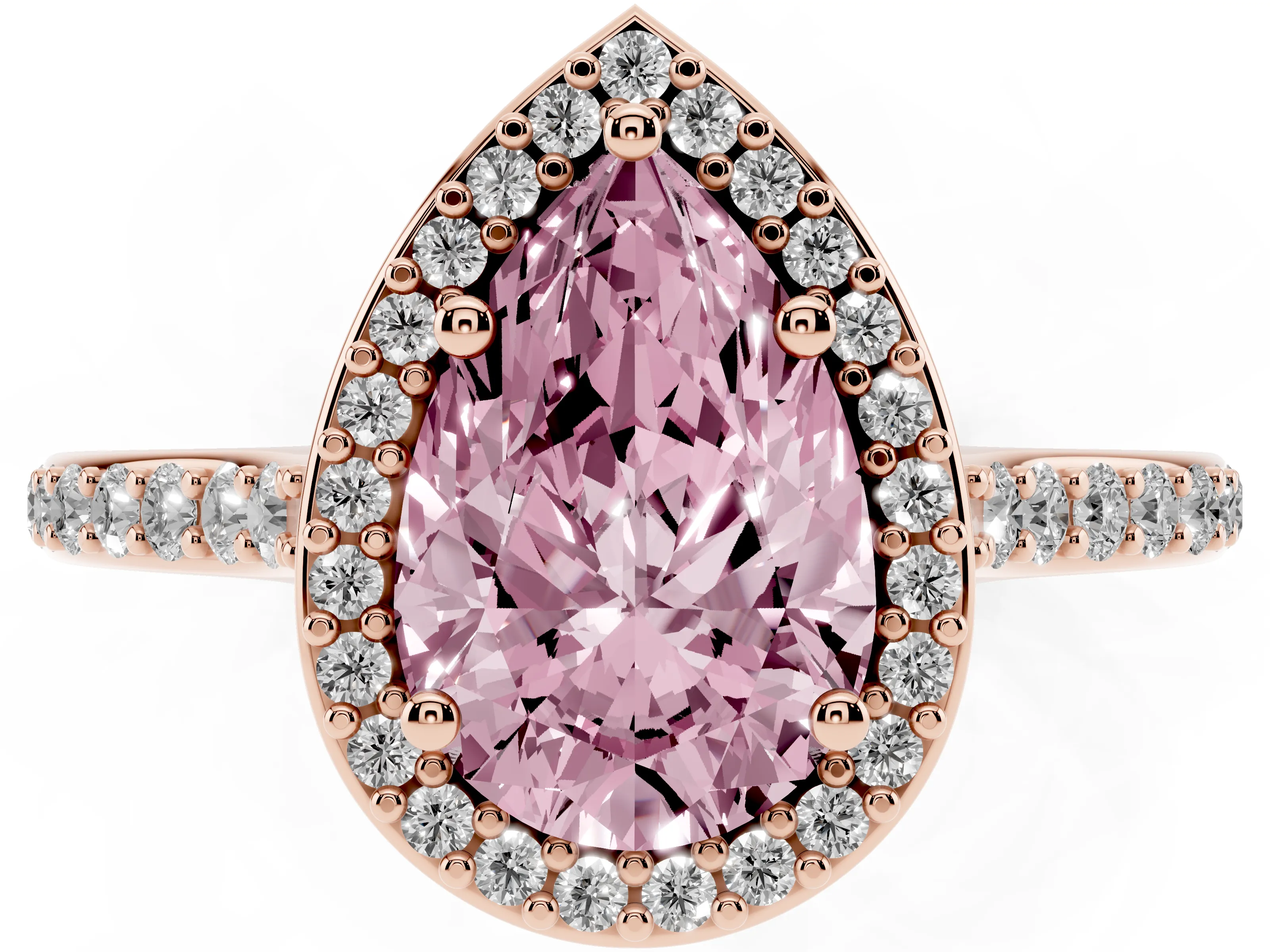 Fancy Pink Pear Cut Diamond Halo Engagement Ring Set in Rose gold with Round Pavé Shoulders and Heart Gallery