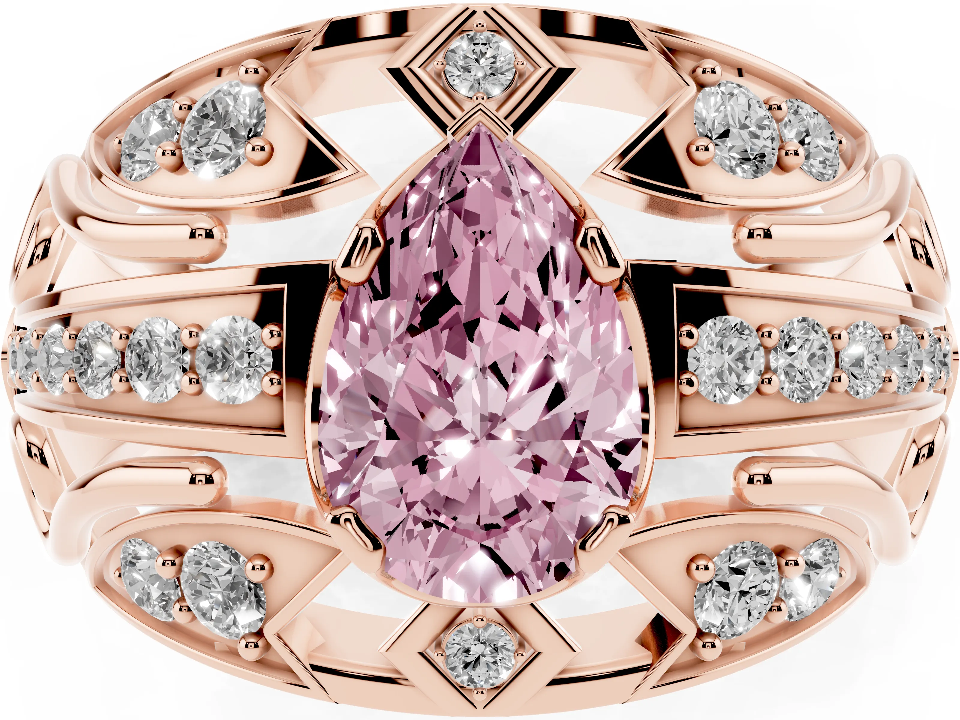Fancy Pink Pear Cut Diamond Art Deco Ring Set in Rose gold with Pavé Split Shank
