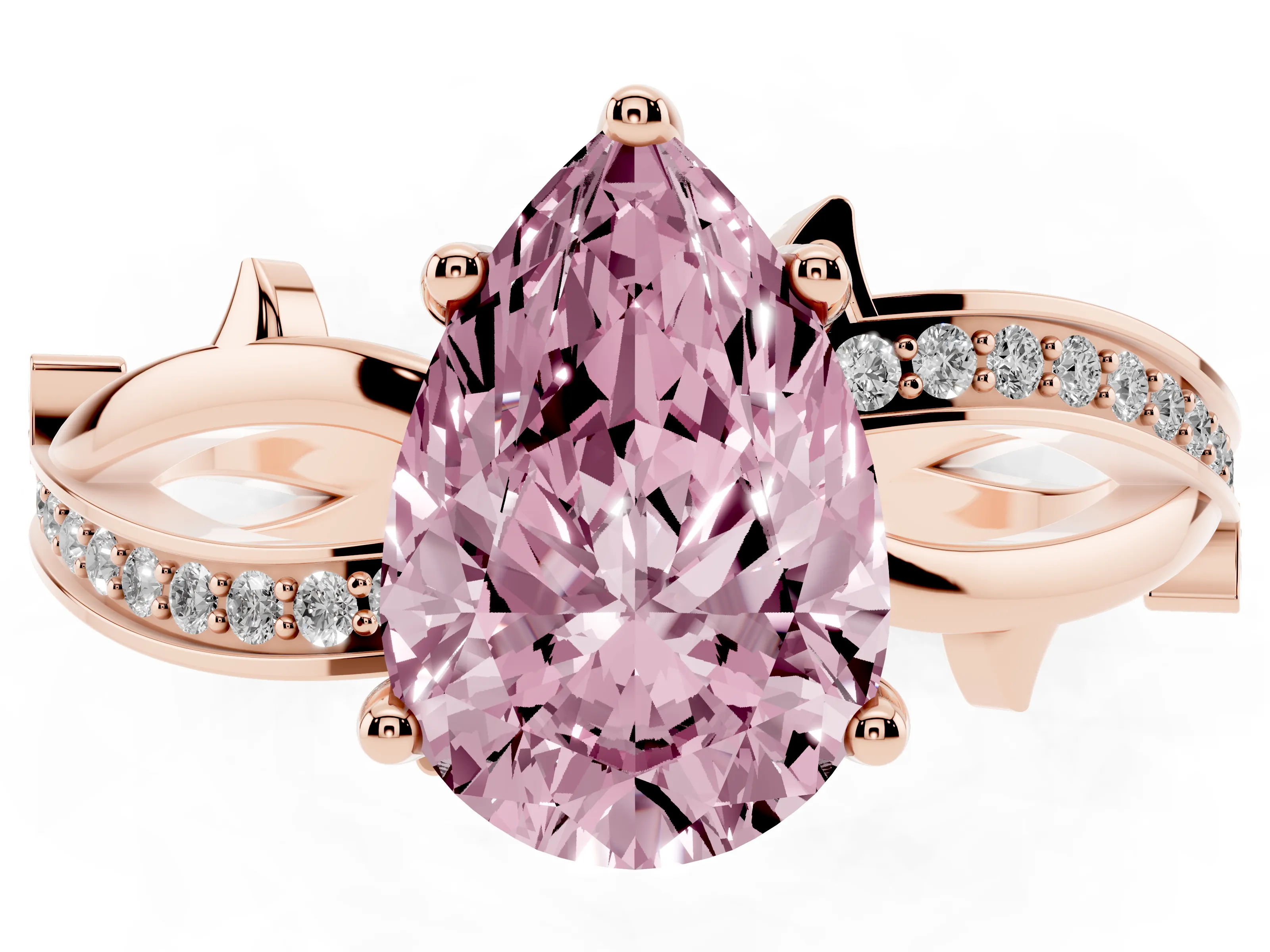 Fancy Pink Pear Cut Diamond Pavé Twist Band Solitaire Ring Set in Rose gold with Prong Setting