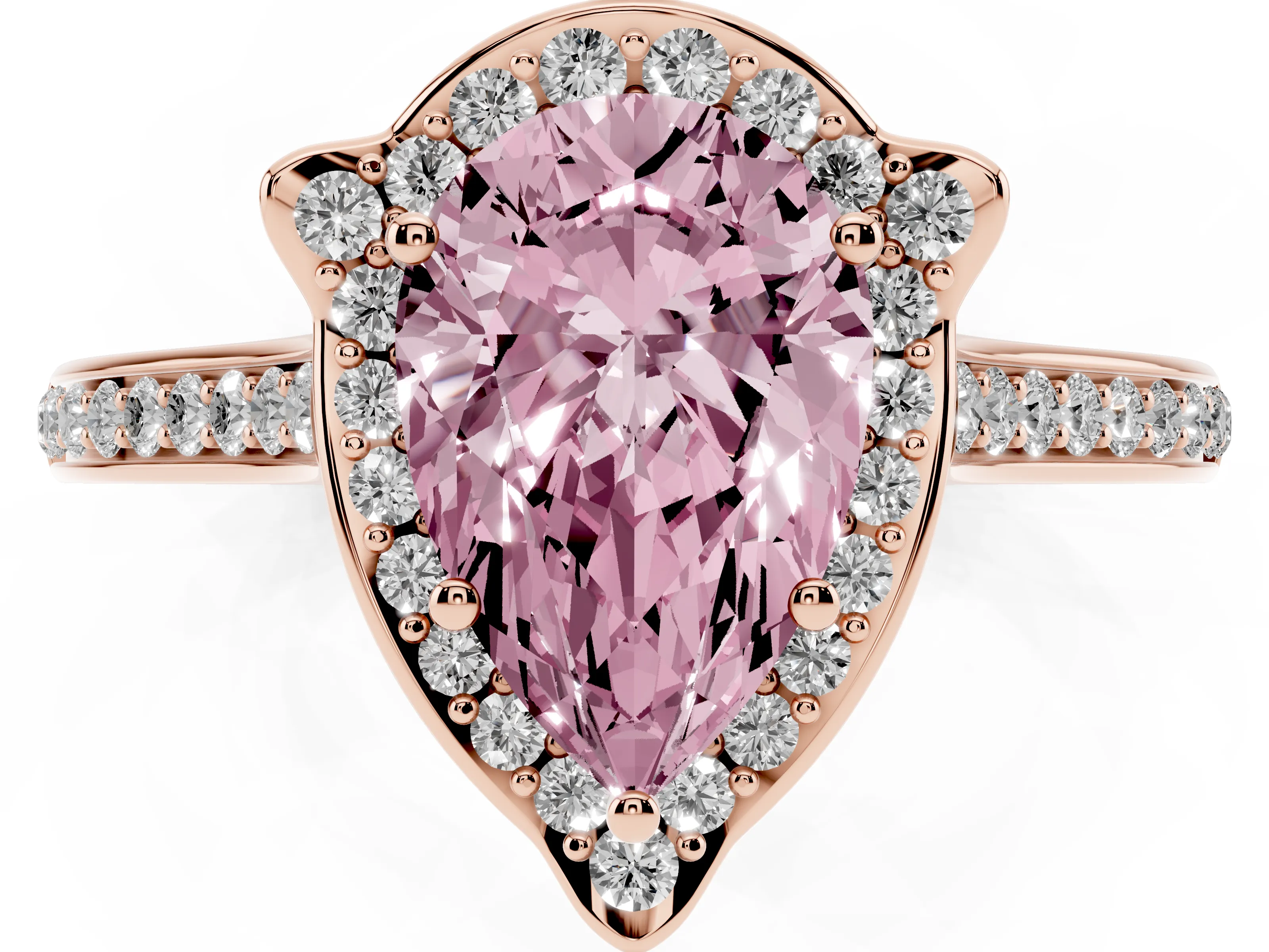Fancy Pink Pear Cut Diamond Halo Ring Set in Rose gold with Pavé-Lined Shoulders and Prong Setting