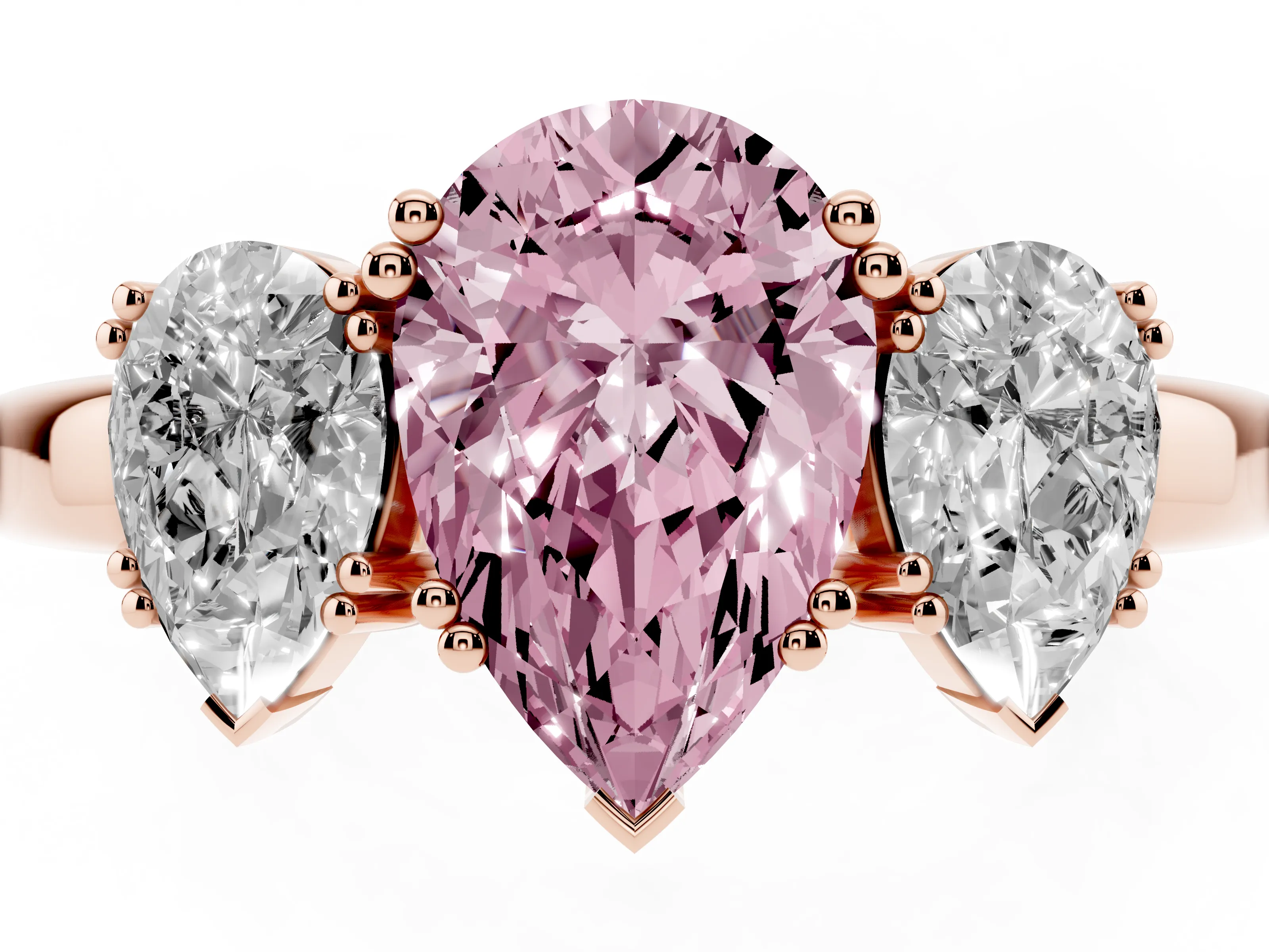 Fancy Pink Pear Cut Diamond Three-Stone Ring Set in Rose gold with Polished Channel-Set Band