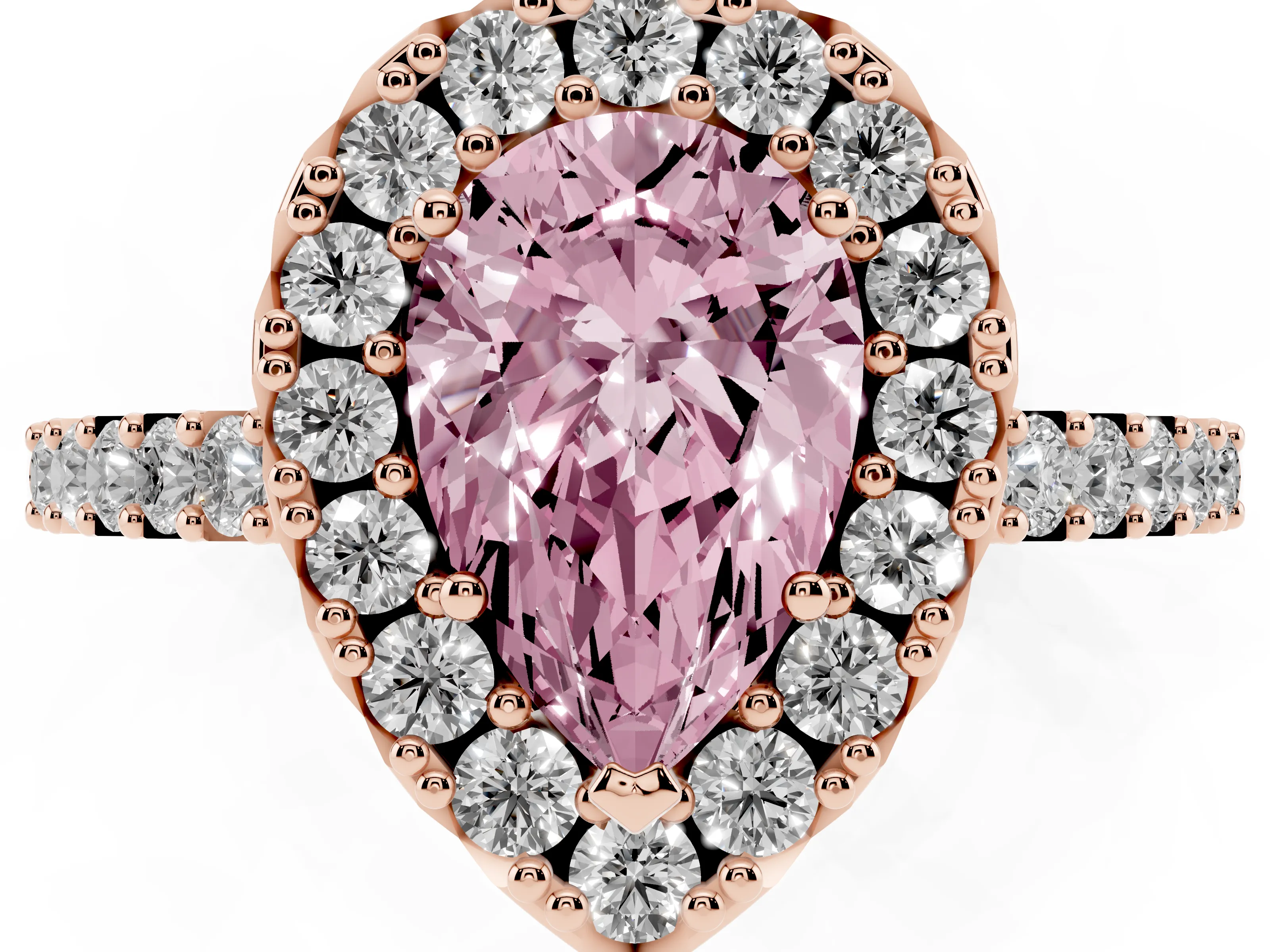 Fancy Pink Pear Cut Diamond Halo Pavé Solitaire Ring Set in Rose gold with Prong-Set Center Stone