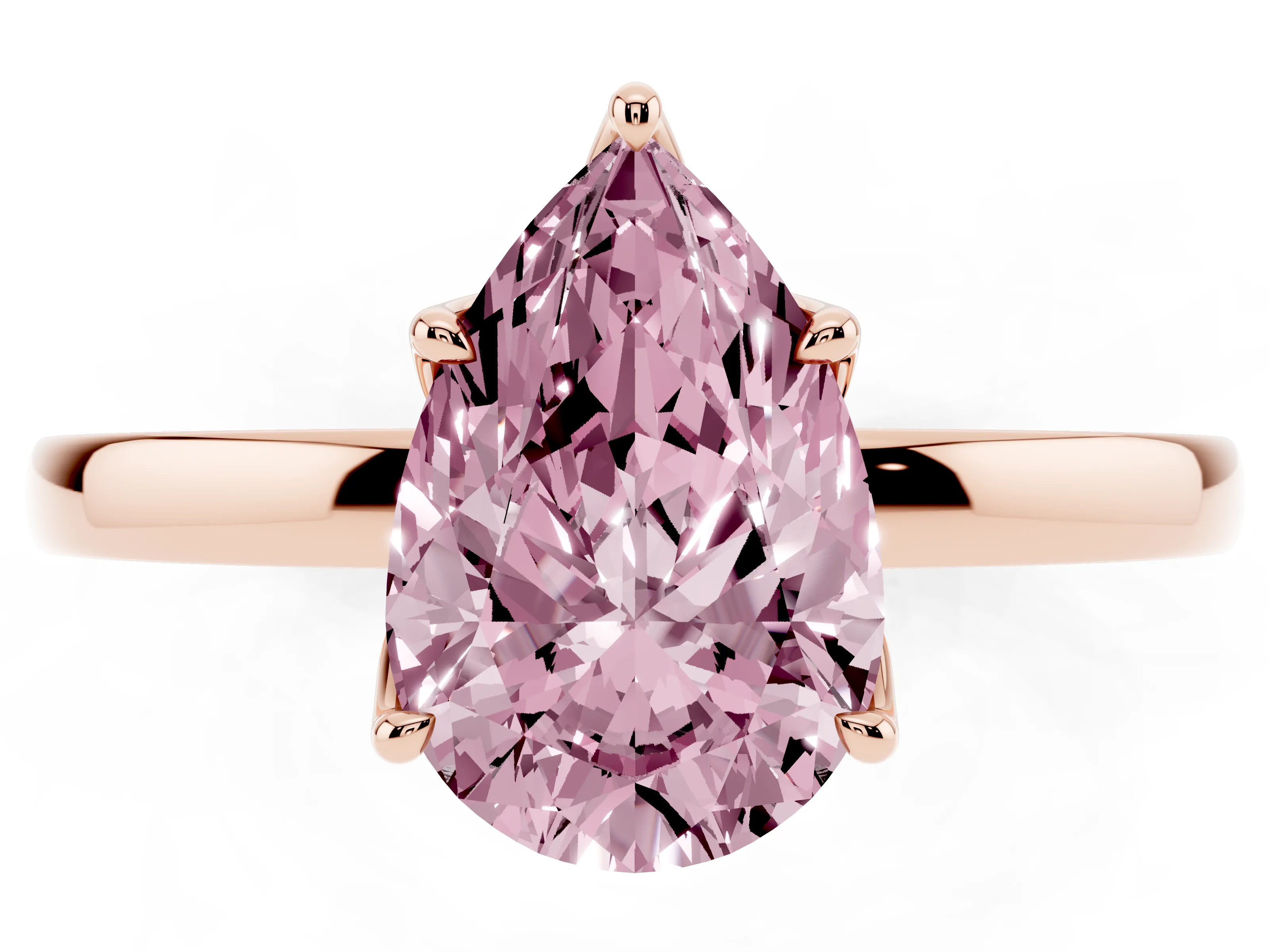Fancy Pink Pear Cut Diamond Solitaire Ring Set in Rose gold with Prong Setting and Thin Polished Band