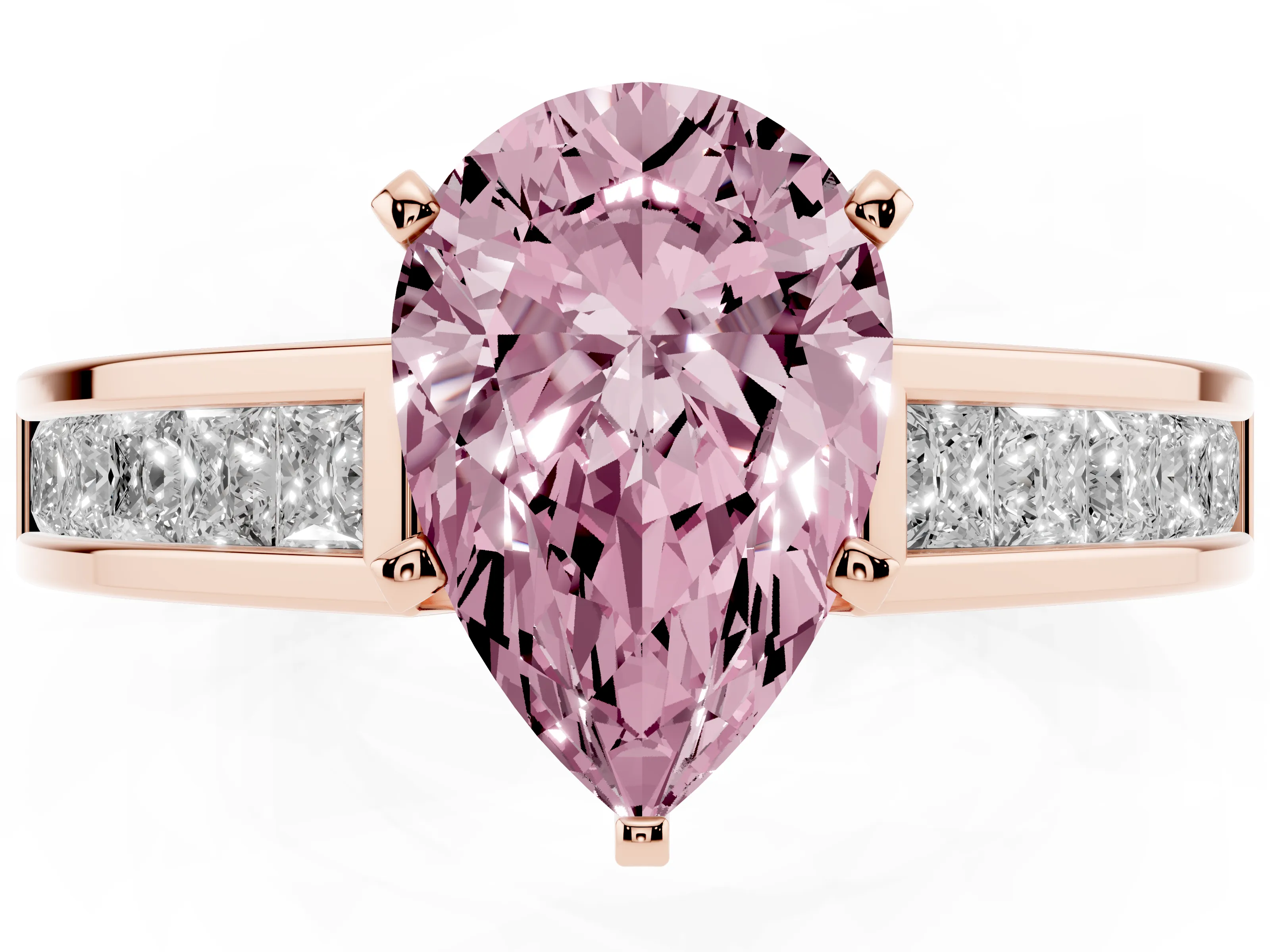 Fancy Pink Pear Cut Diamond Solitaire Ring Set in Rose gold with Channel-Set Band and Prong Setting