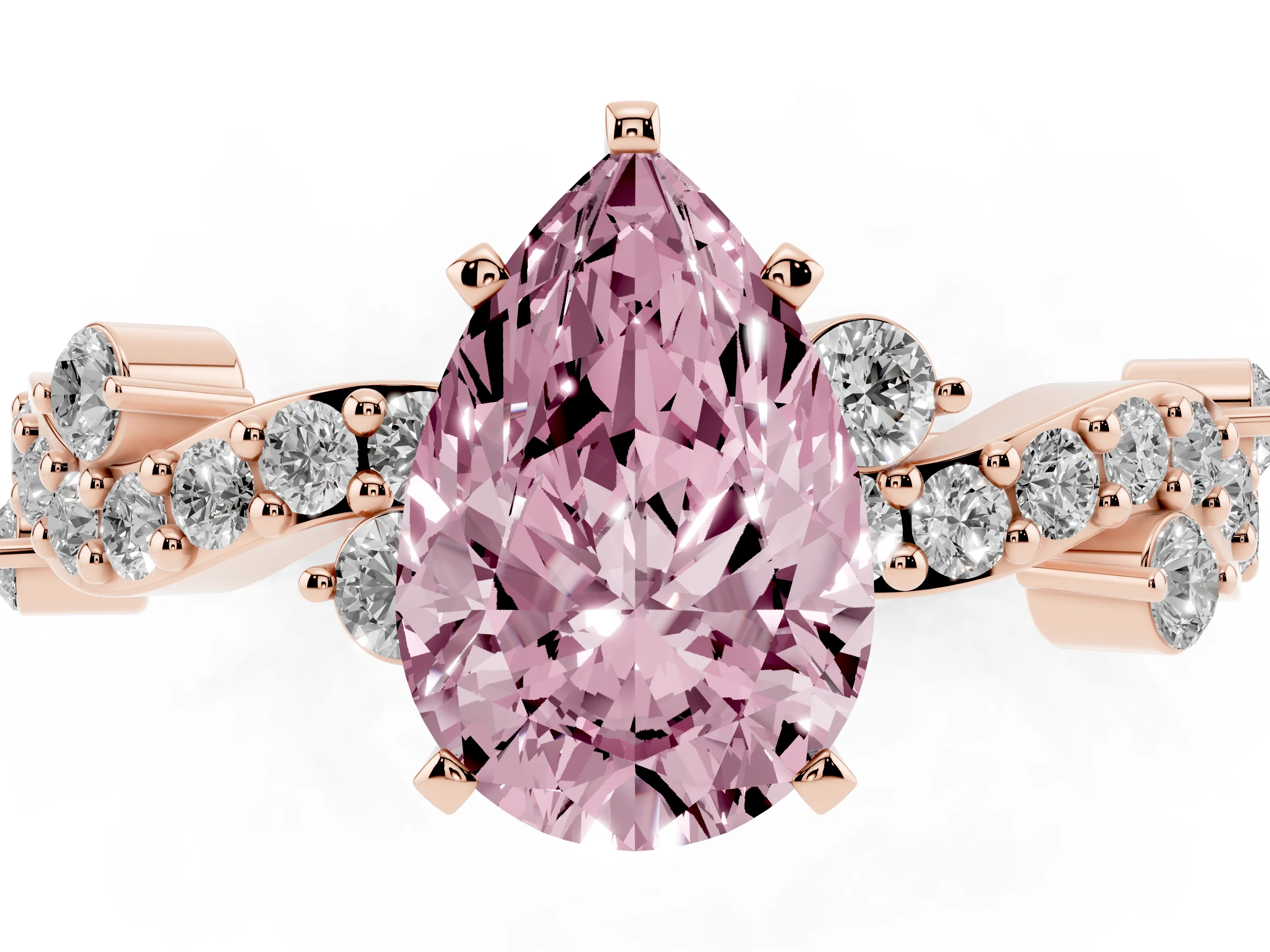 Fancy Pink Pear Cut Diamond Solitaire Twisted Band Set in Rose gold with Pavé Setting