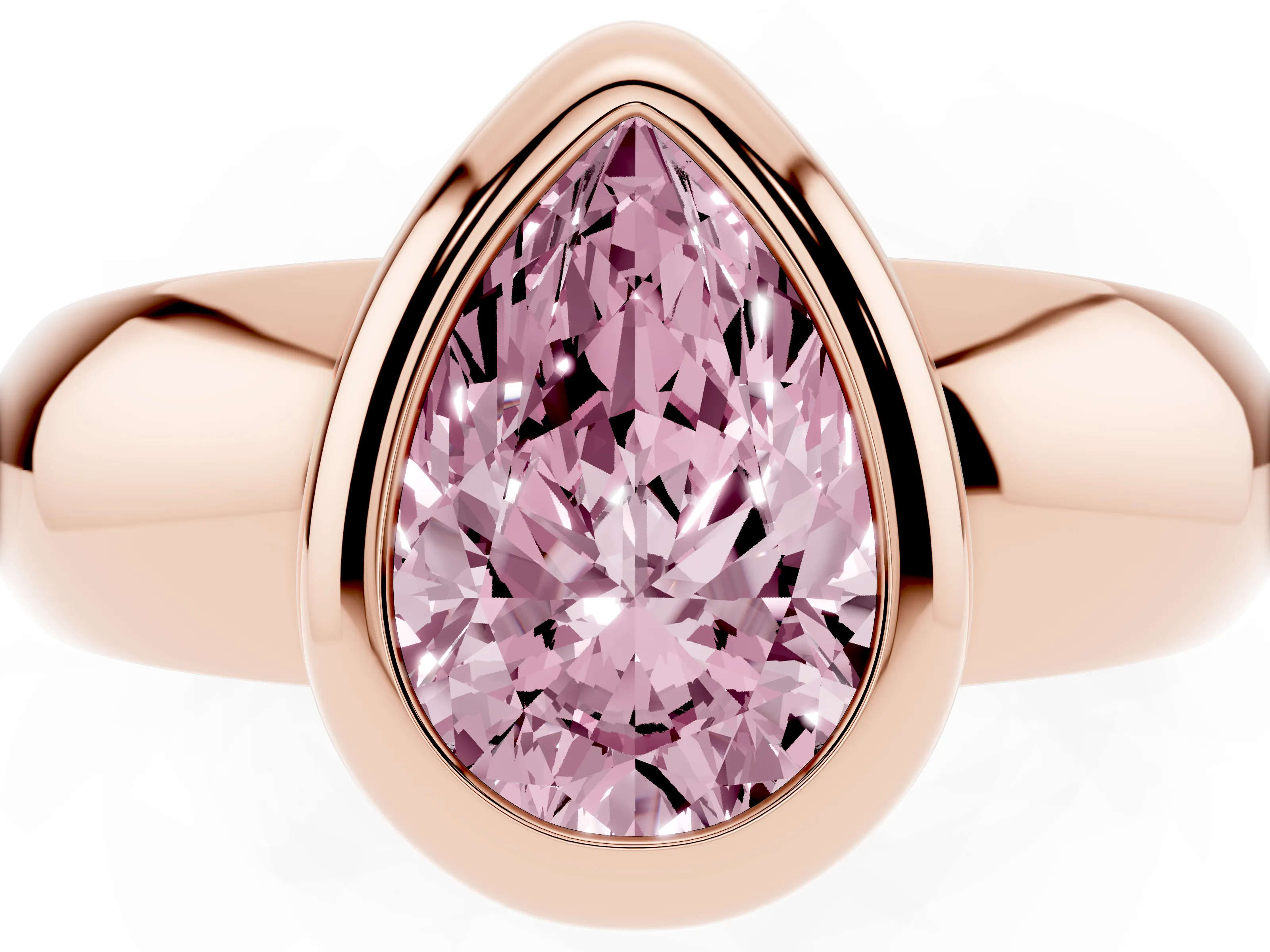Fancy Pink Bezel Set Pear Cut Diamond Solitaire Ring Set in Rose gold with Wide Band